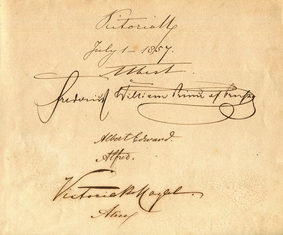 BRITISH & GERMAN MONARCHS:: BRITISH & GERMAN MONARCHS: A remarkable oblong 4to page removed from an album individually signed by three monarchs and close members of their family, comprising (in order of appearance from head