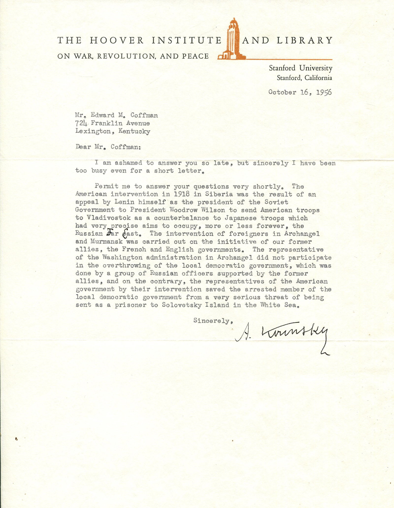 KERENSKY ALEXANDER: (1881-1970): KERENSKY ALEXANDER: (1881-1970) Russian Lawyer and key political figure in the Russian Revolution of 1917. An excellent content T.L.S., `A. Kerensky´, one page, 4to, Stanford, California, 16th