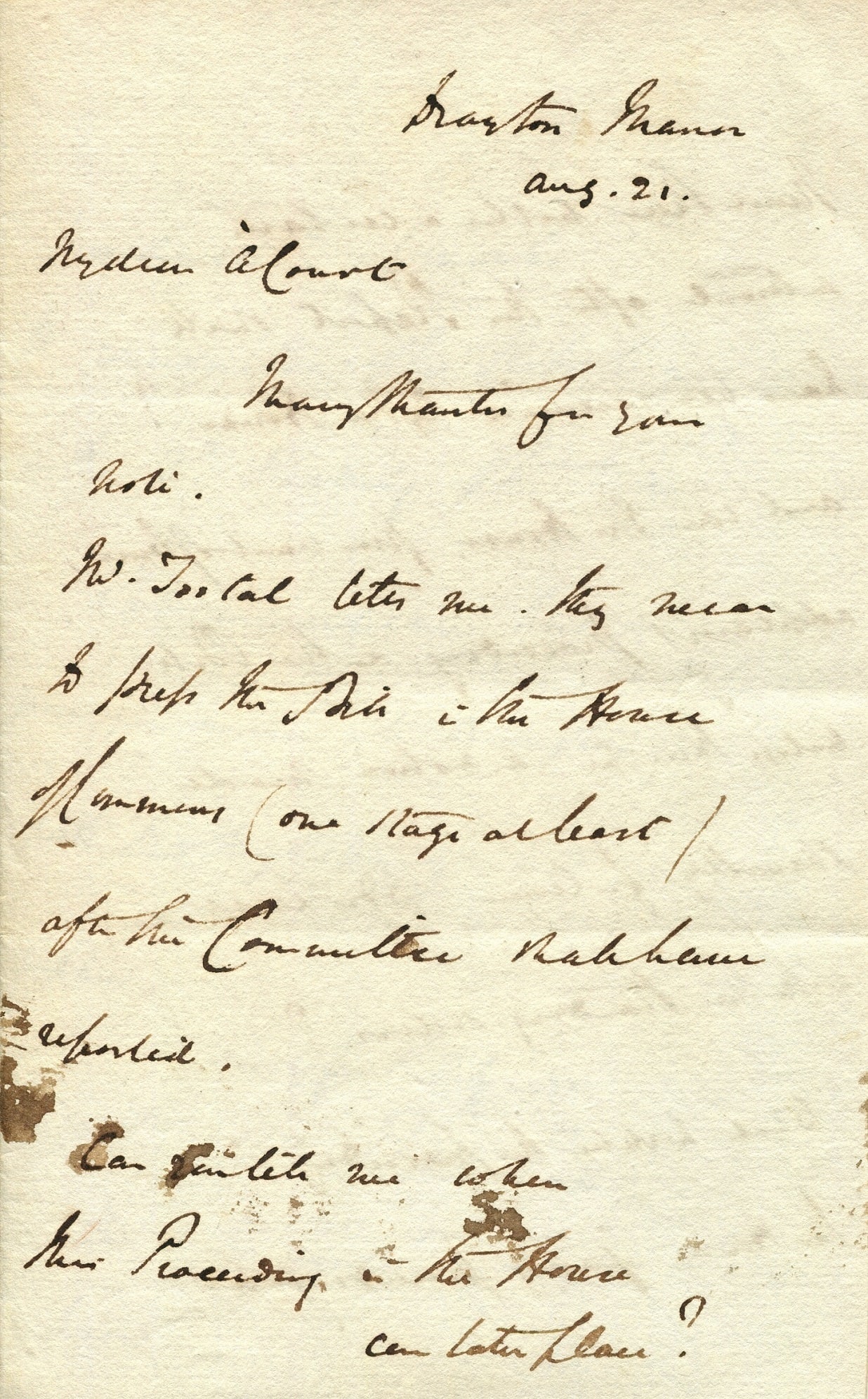 PEEL ROBERT: (1788-1850): PEEL ROBERT: (1788-1850) British Prime Minister 1834-35 & 1841-46. A.L.S., Robert Peel, three pages, 8vo, Drayton Manor (Staffordshire), 21st August n.y., to William à Court. Peel writes on parli