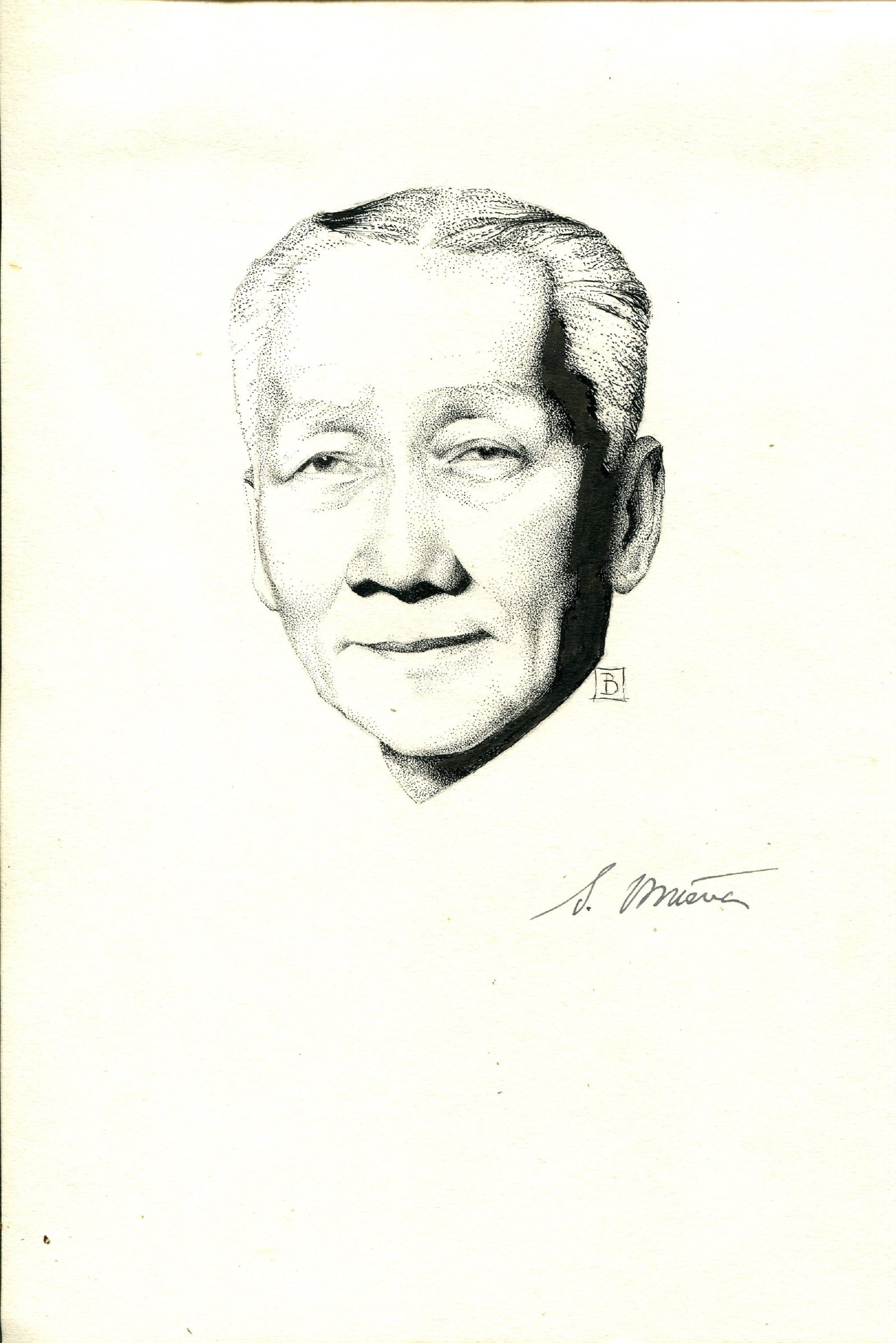 OSMEÑA SERGIO: (1878-1961): OSMEÑA SERGIO: (1878-1961) Filipino lawyer and politician who served as President of the Philippines 1944-46. A fine, attractive original pen and ink 7 x 10 portrait drawing of Osmeña by an