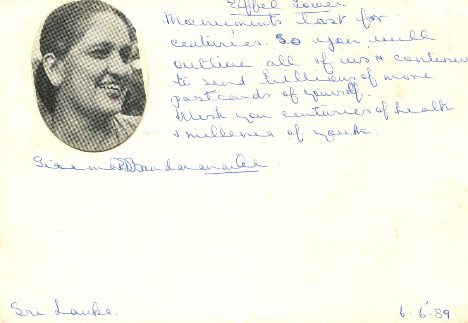 BANDARANAIKE SIRIMAVO: (1916-2000): BANDARANAIKE SIRIMAVO: (1916-2000) Sri Lankan politician who served as Prime Minister of Sri Lanka 1960-65, 1970-77 & 1994-2000, becoming the world´s first female Prime Minister. Autograph