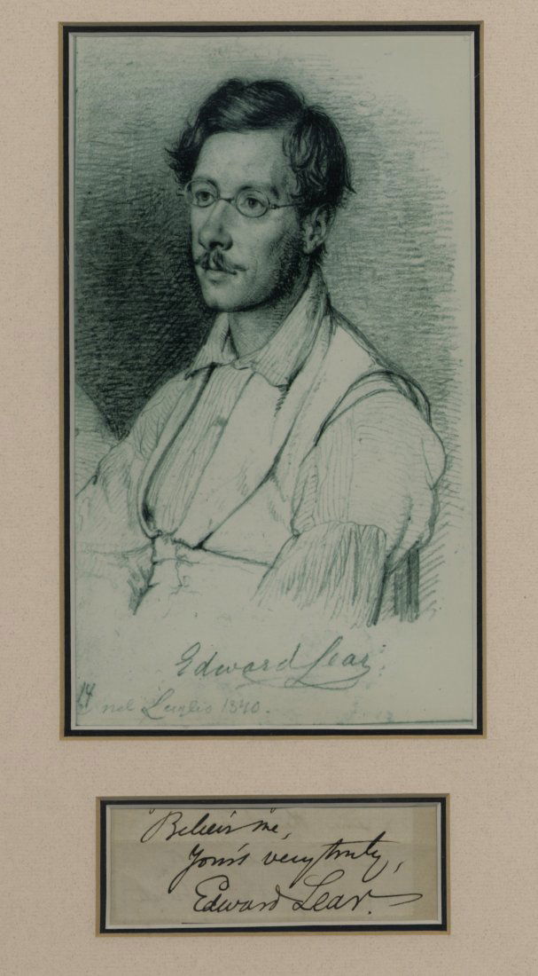 LEAR EDWARD: (1812-1888) English Artist, Illustrator an: LEAR EDWARD: (1812-1888) English Artist, Illustrator and Poet. Black ink signature ('Believe me, yours very truly, Edward Lear') on a small piece, matted in white beneath an image of Lear in a head an