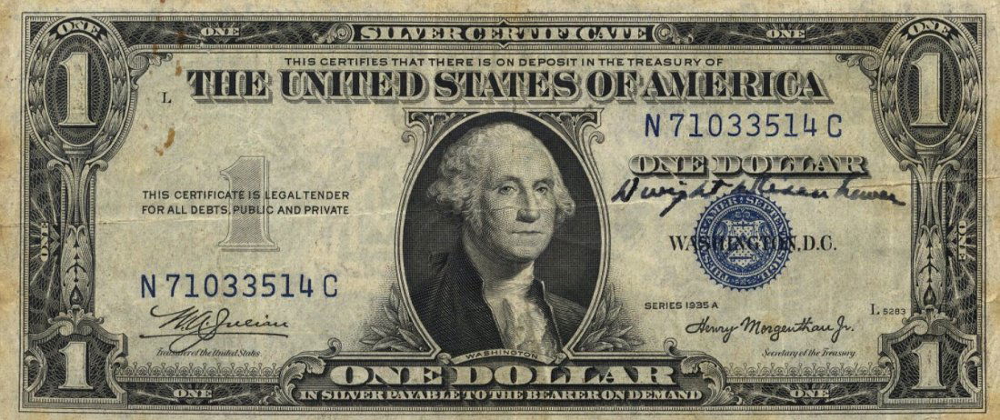 EISENHOWER DWIGHT D.: (1890-1969) American General of W: EISENHOWER DWIGHT D.: (1890-1969) American General of World War II, later American President 1953-61. Vintage signed short snorter, the United States $1 banknote bearing a dark fountain pen ink signat