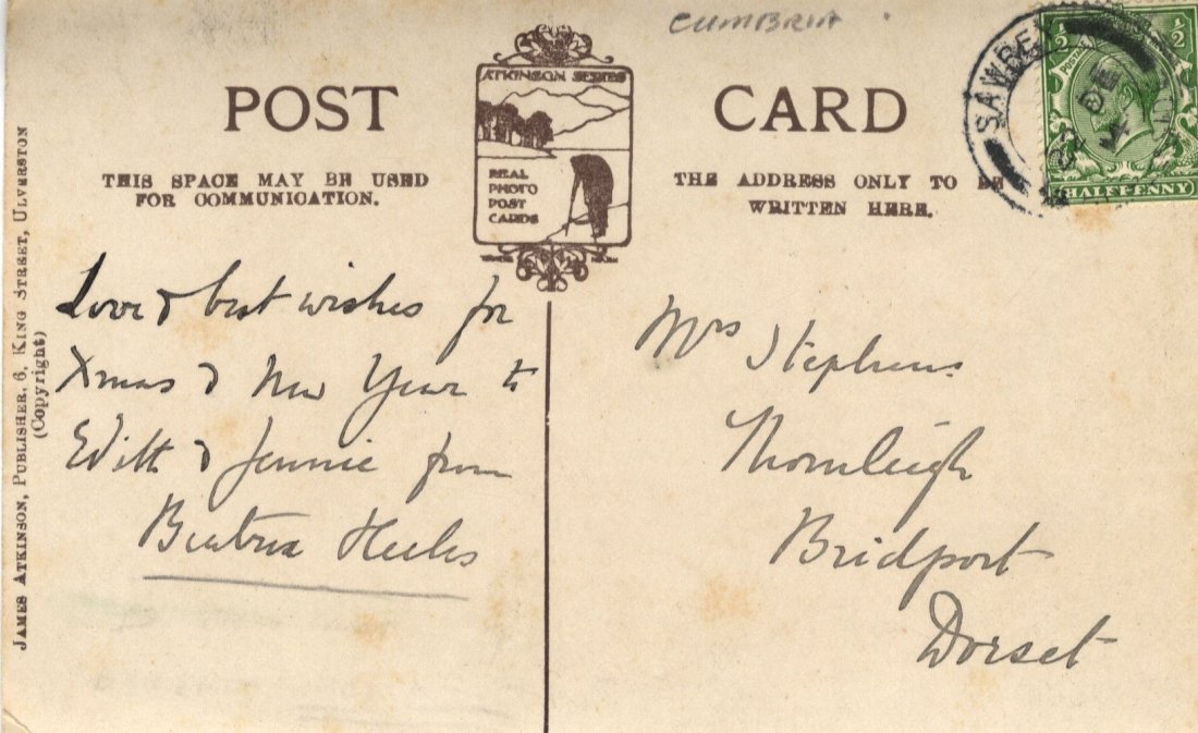 POTTER BEATRIX: (1866-1943) English Author of Children': POTTER BEATRIX: (1866-1943) English Author of Children's Books. Brief A.L.S., Beatrix Heelis, to the verso of a photographic postcard showing various properties at Near Sawrey in Cumbria, n.p. (Sawrey