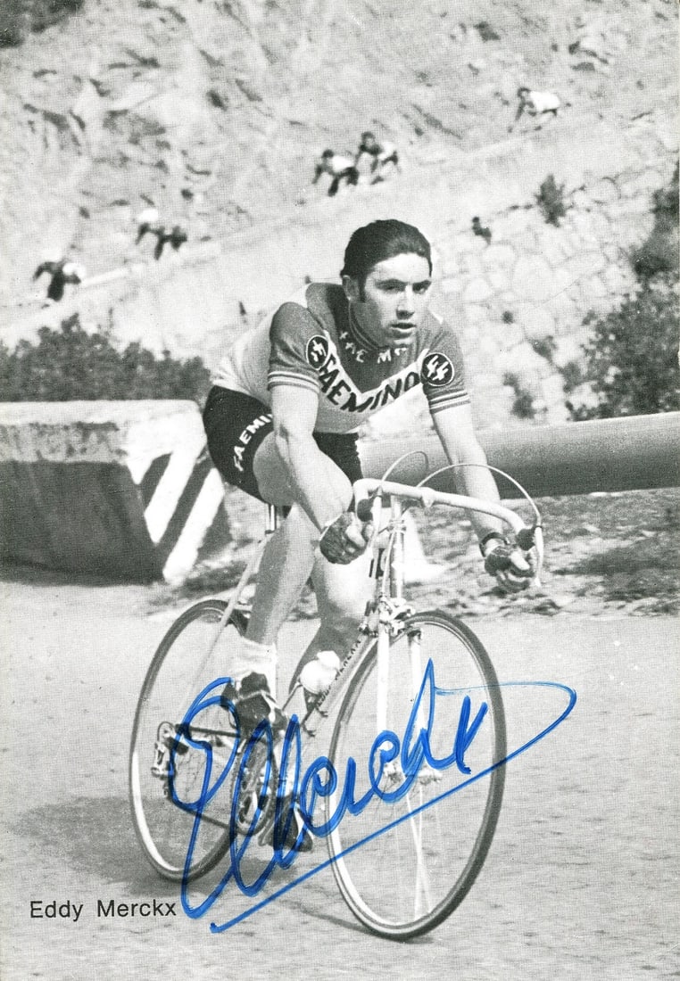 MERCKX EDDY & ANQUETIL JACQUES:: MERCKX EDDY & ANQUETIL JACQUES: Eddy Merckx (1945- ) Belgian racing Cyclist. A five times winner of the Tour 1969-72 & 1974. Signed 4 x 6 postcard photograph, the image showing Merckx in a
