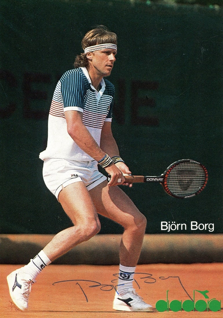 BORG BJORN: (1956- ): BORG BJORN: (1956- ) Swedish tennis player, Wimbledon champion 1976, 1977, 1978, 1979 & 1980. Signed colour 4 x 6 photograph, the promotional Diadora image depicting Borg in a full-length tennis