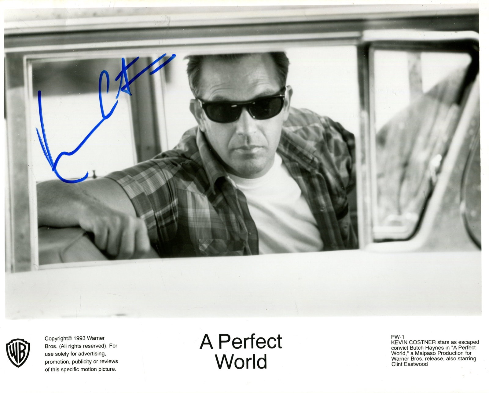 COSTNER KEVIN: (1955- ): COSTNER KEVIN: (1955- ) American actor, Academy Award winner. Signed 10 x 8 photograph of Costner, the promotional Warner Bros image showing him in a scene of A Perfect World (1993), seated in his