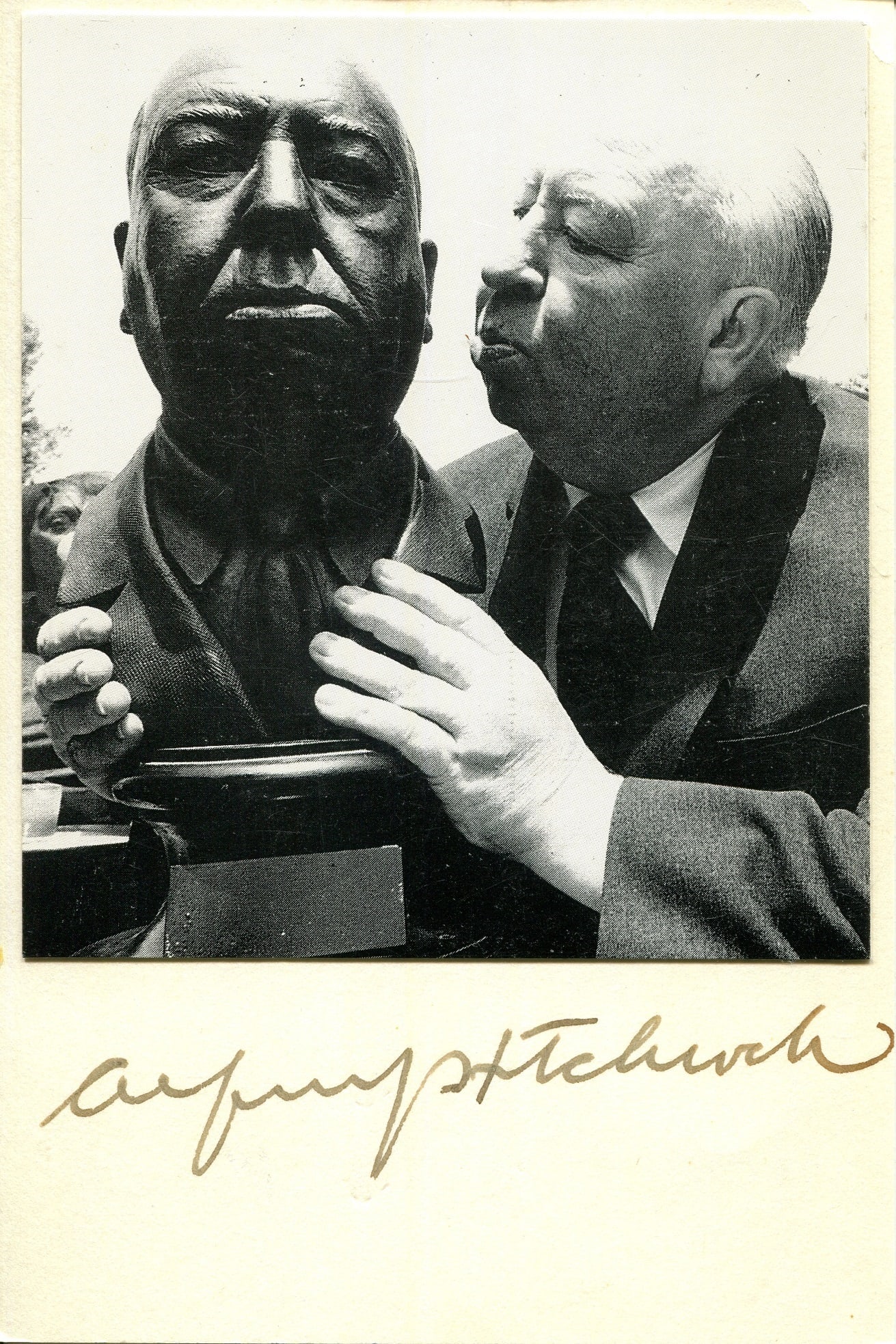 HITCHCOCK ALFRED: (1899-1980): HITCHCOCK ALFRED: (1899-1980) English film director. A good signed 4 x 5 photograph of Hitchcock, the unusual image showing the acclaimed film director in a head and shoulders pose, holding a buste