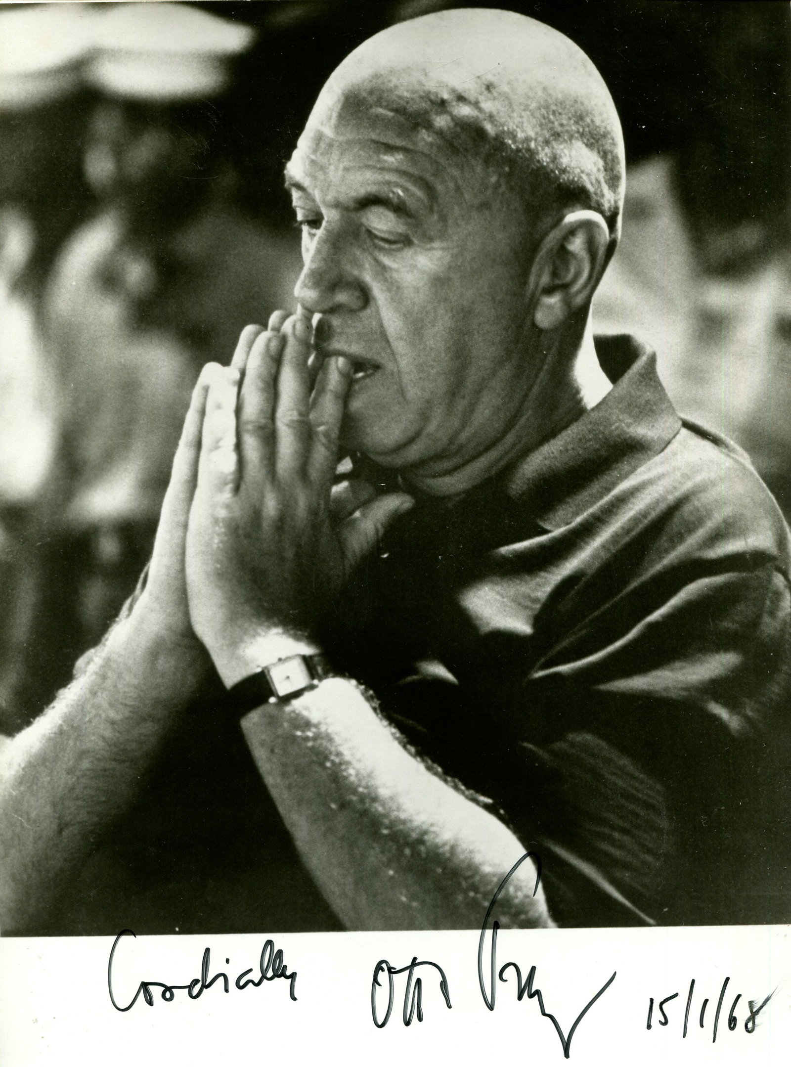 PREMINGER OTTO: (1905-1986): PREMINGER OTTO: (1905-1986) Austro-Hungarian-born film director, an Academy Award nominee. A fine signed 7.5 x 10 photograph of Preminger in a head and shoulders thoughtful pose. Signed in bold black