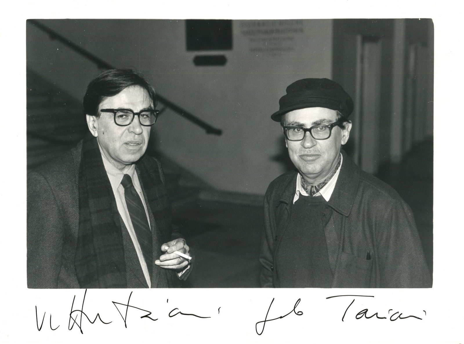 TAVIANI BROTHERS:: TAVIANI BROTHERS: Paolo Taviani (1931-2024) & Vittorio Taviani (1929-2018) Italian film directors and screenwriters who collaborated on numerous film productions. Signed 9.5 x 7 photograph by both
