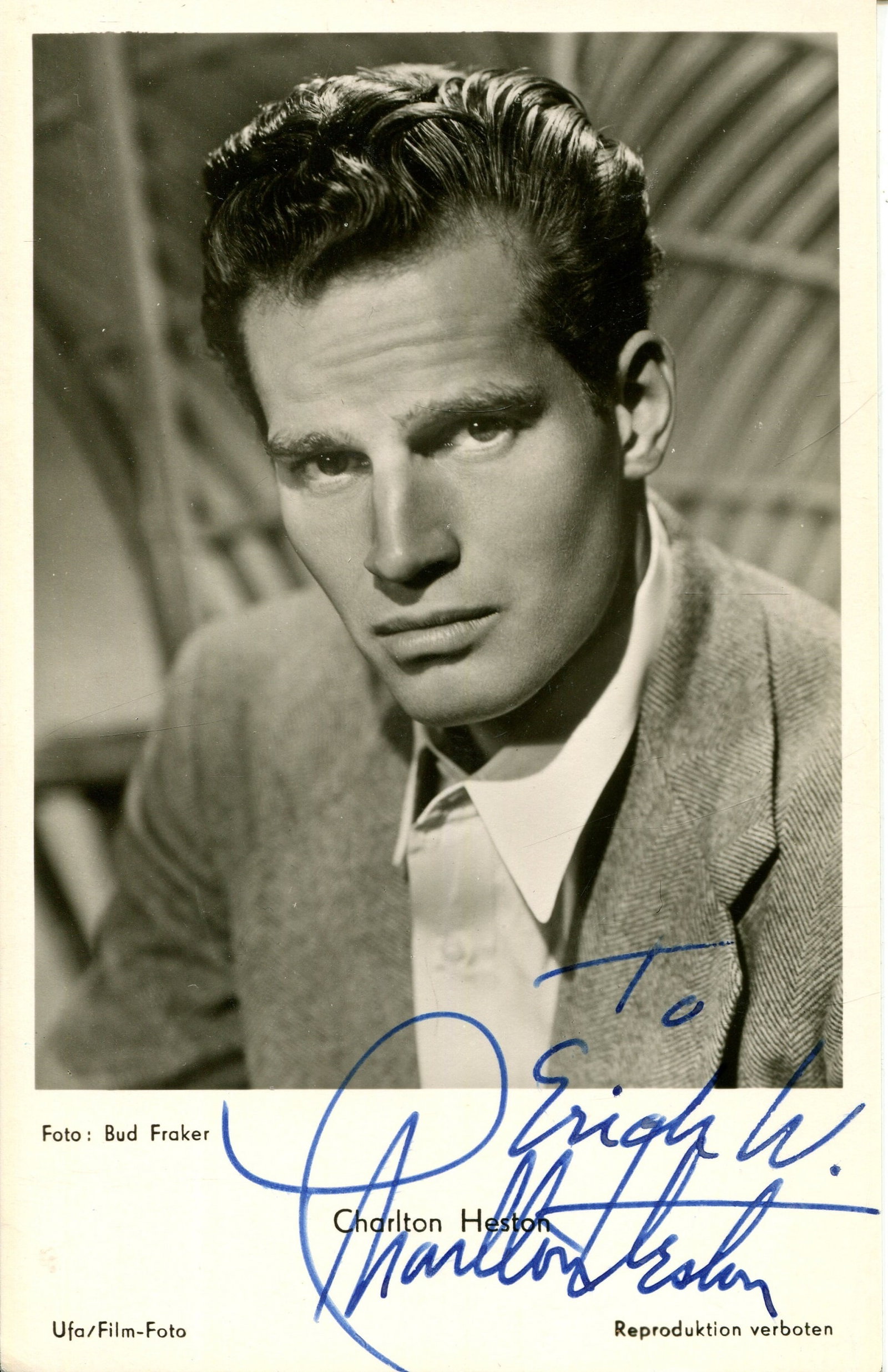 HESTON CHARLTON: (1923-2008): HESTON CHARLTON: (1923-2008) American actor, Academy Award winner for Best Actor in 1959 for his role as Judah Ben-Hur in Ben-Hur. Signed and inscribed postcard photograph by Heston, the Bud Fraker