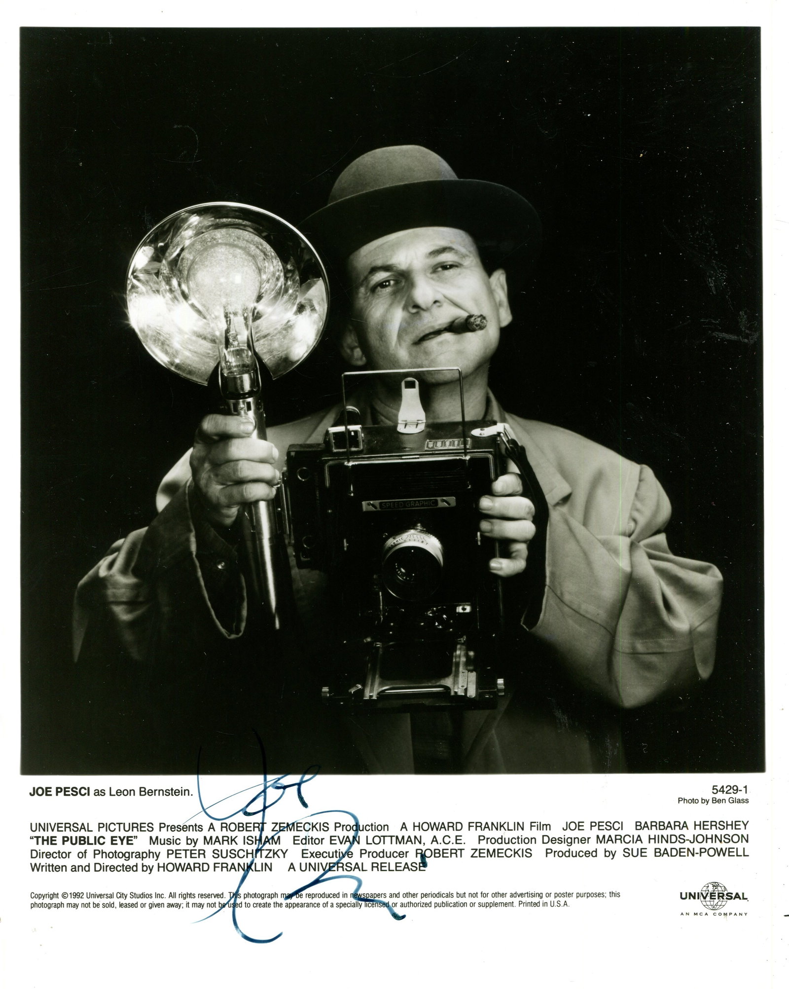PESCI JOE: (1943- ): PESCI JOE: (1943- ) American Actor, Academy Award winner. Signed 8 x 10 photograph by Pesci, the image depicting the actor standing in a half-length pose in costume as Leon Bernstein, holding a