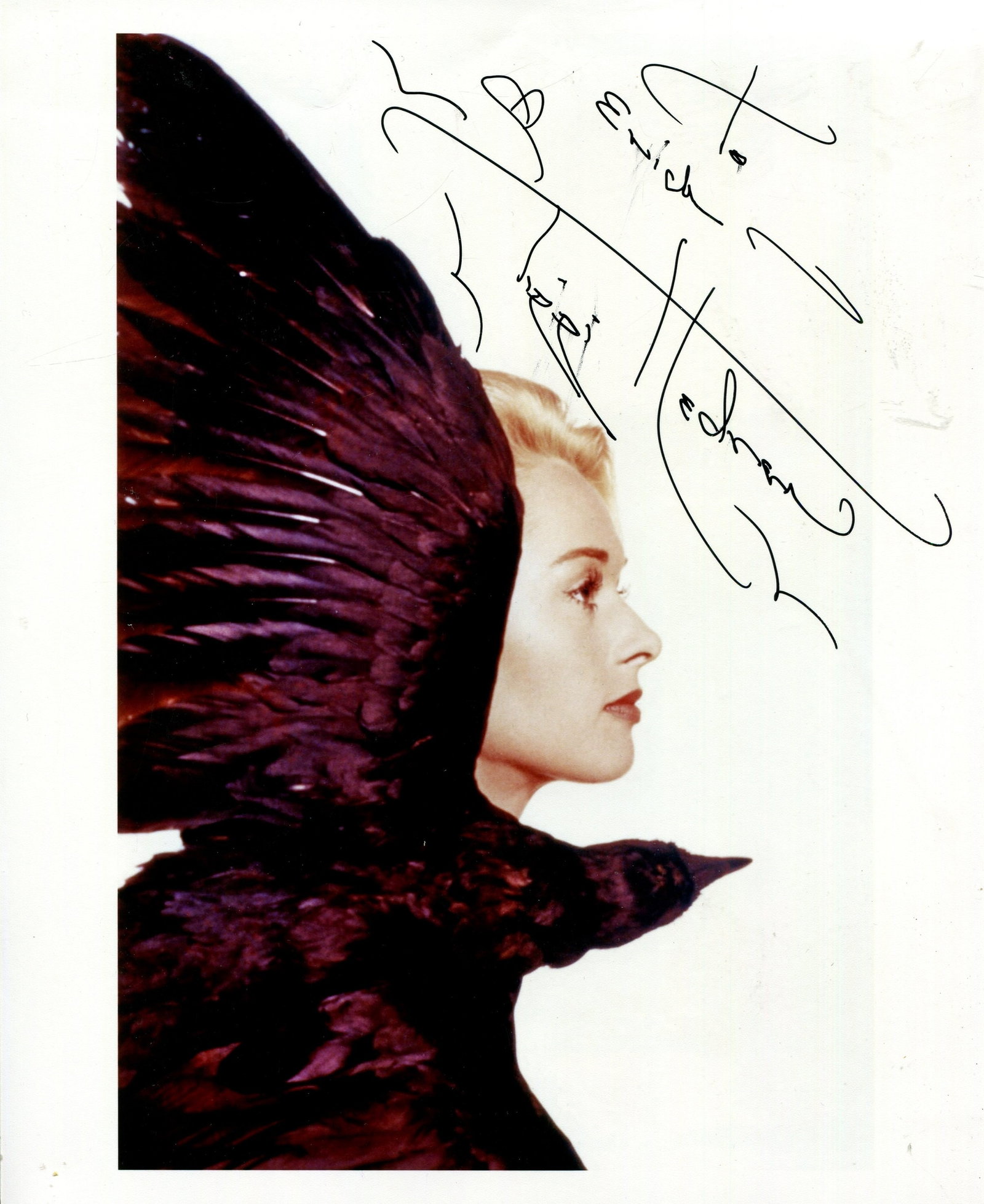 HEDREN TIPPI: (1930- ): HEDREN TIPPI: (1930- ) American actress. Attractive signed and inscribed colour 8 x 10 photograph of Hedren, the artistic image showing her in a profile portrait pose with a raven over her. Signed