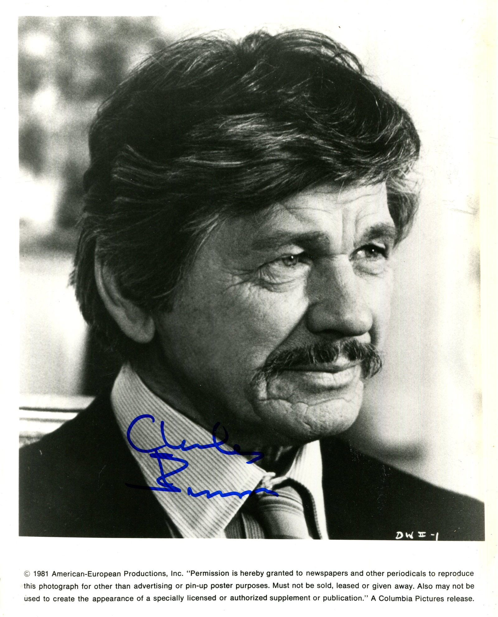 BRONSON CHARLES: (1921-2003): BRONSON CHARLES: (1921-2003) American actor. Signed 8 x 10 photograph of Bronson in a close-up head and shoulders pose in costume as Paul Kersey from the American vigilante action-thriller film Death