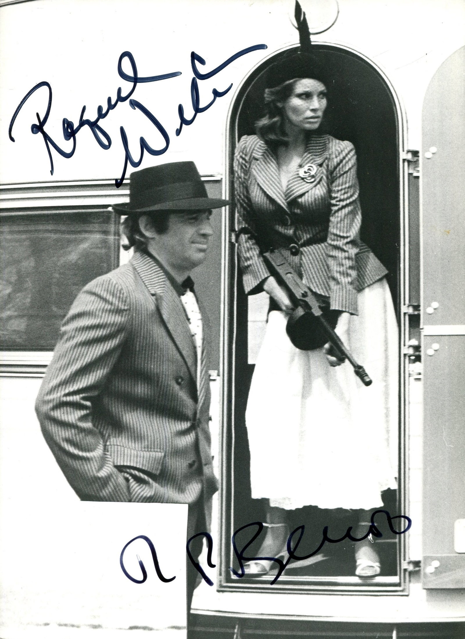 WELCH RAQUEL & BELMONDO JEAN-PAUL:: WELCH RAQUEL & BELMONDO JEAN-PAUL: Raquel Welch (1940-2023) American actress and model, & Jean-Paul Belmondo (1933-2021) French Actor associated with the New Wave of the 1960s. A good signed 5 x 7