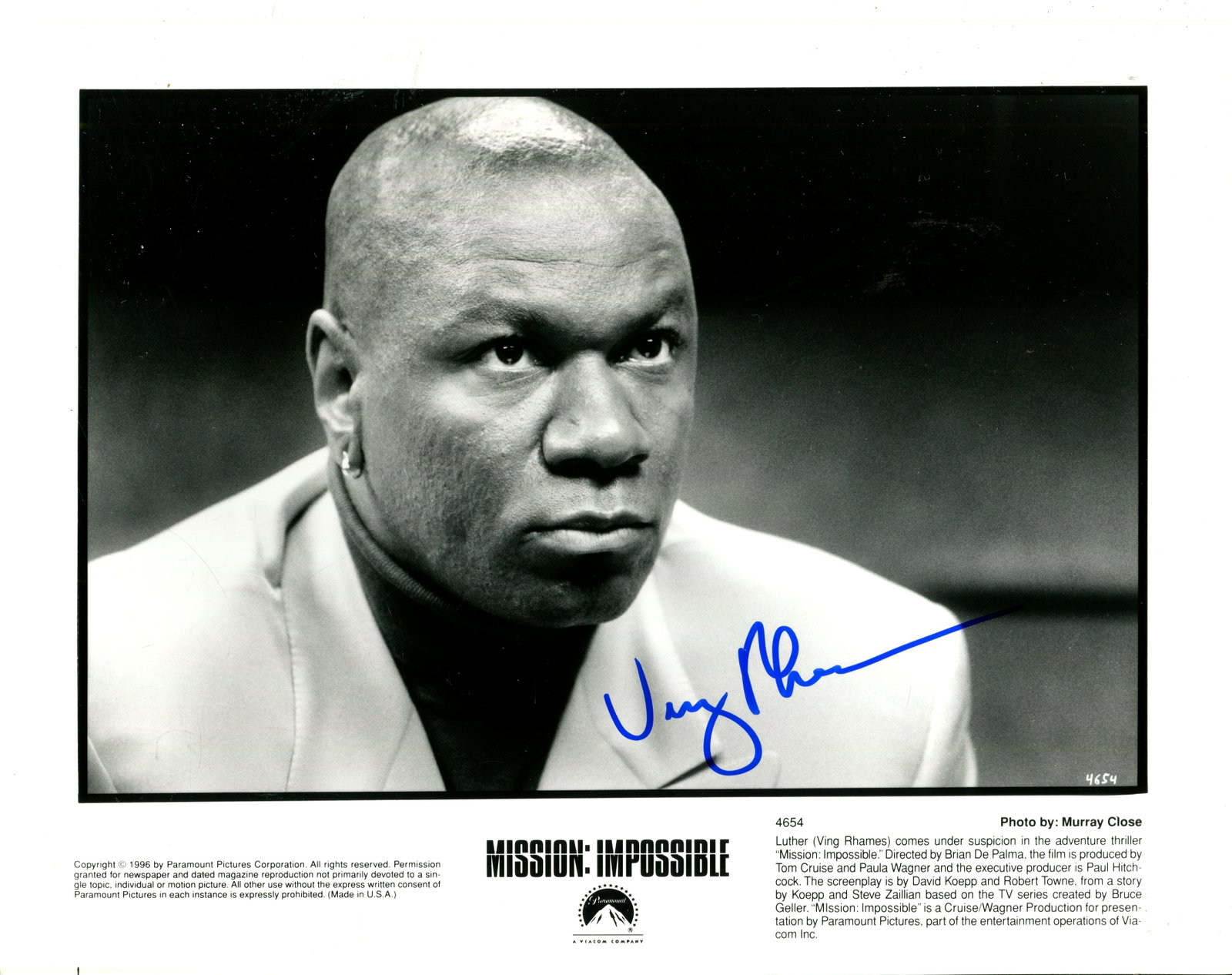 RHAMES VING: (1959- ): RHAMES VING: (1959- ) American Actor. Signed 10 x 8 promotional photograph by Rhames, the image depicting him in a head and shoulders pose, in costume as Luther in a scene from the film Mission: