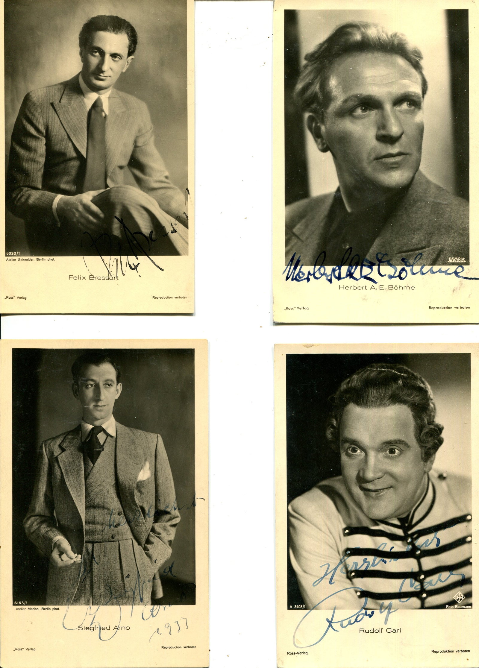 GERMAN CINEMA: (x20): GERMAN CINEMA: Selection of vintage signed sepia postcard photographs by various actors, all of them stars of German films, comprising Felix Bressart, Herbert A. E. Bohme, Sig Arno, Rudolf Carl, Jan