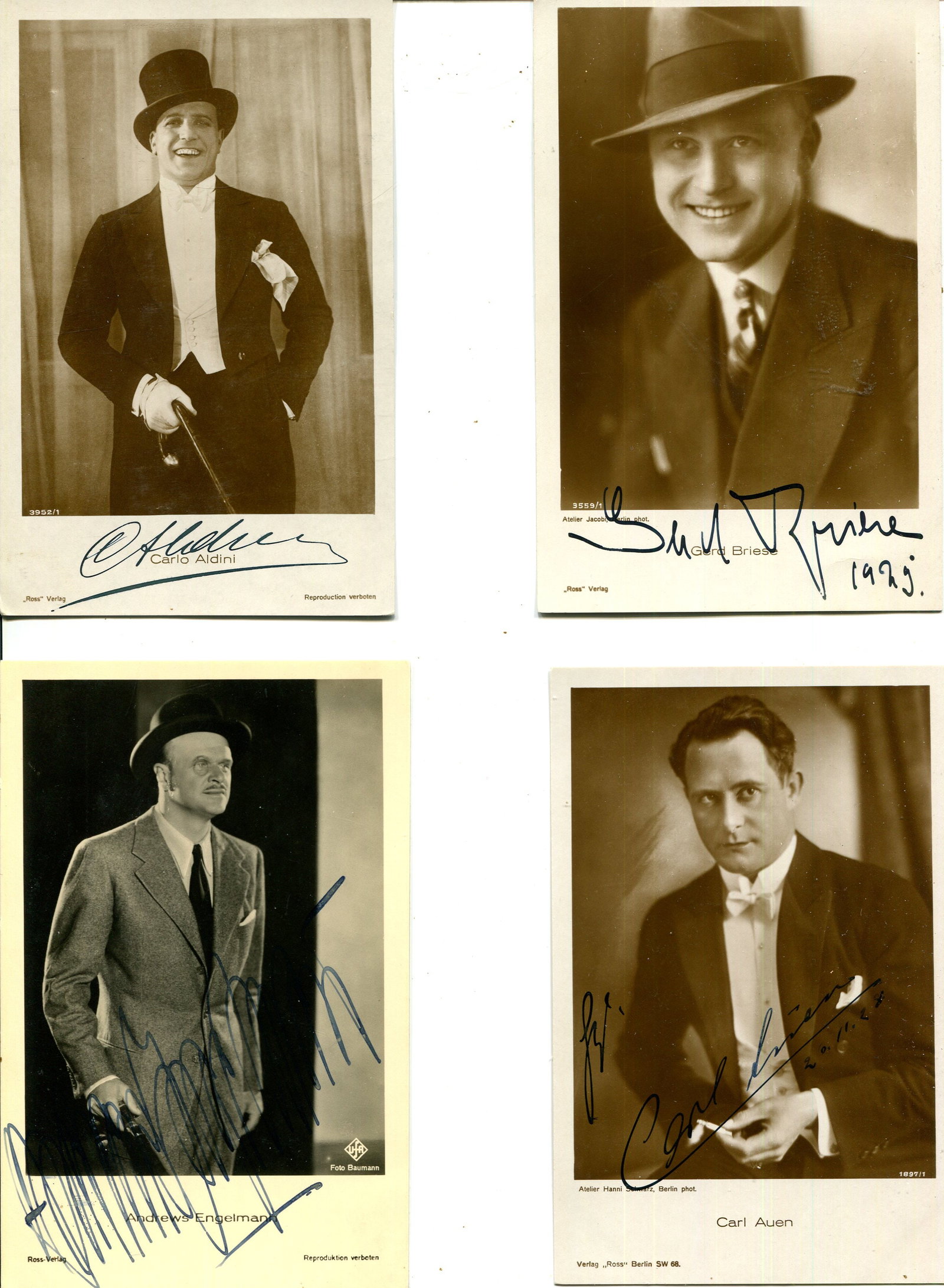 GERMAN CINEMA: (x20): GERMAN CINEMA: Selection of vintage signed sepia postcard photographs by various actors, all of them stars of German films, comprising Carlo Aldini, Gerd Briese, Andrews Engelmann, Carl Auen, Karl