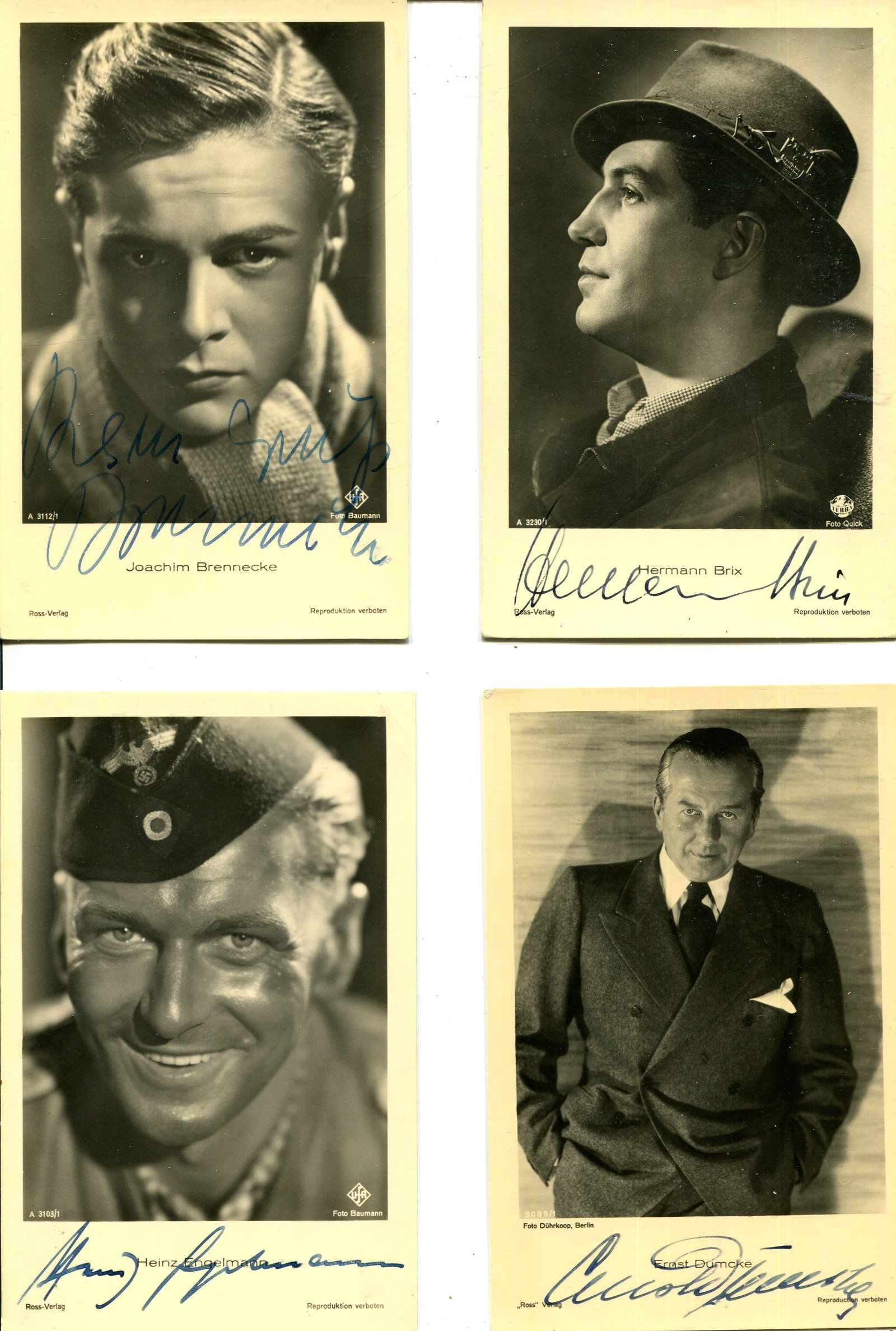GERMAN CINEMA: (x20): GERMAN CINEMA: Selection of vintage signed sepia postcard photographs by various actors, all of them stars of German films, comprising Joachim Brennecke, Hermann Brix, Heinz Engelmann, Ernst Dumcke,