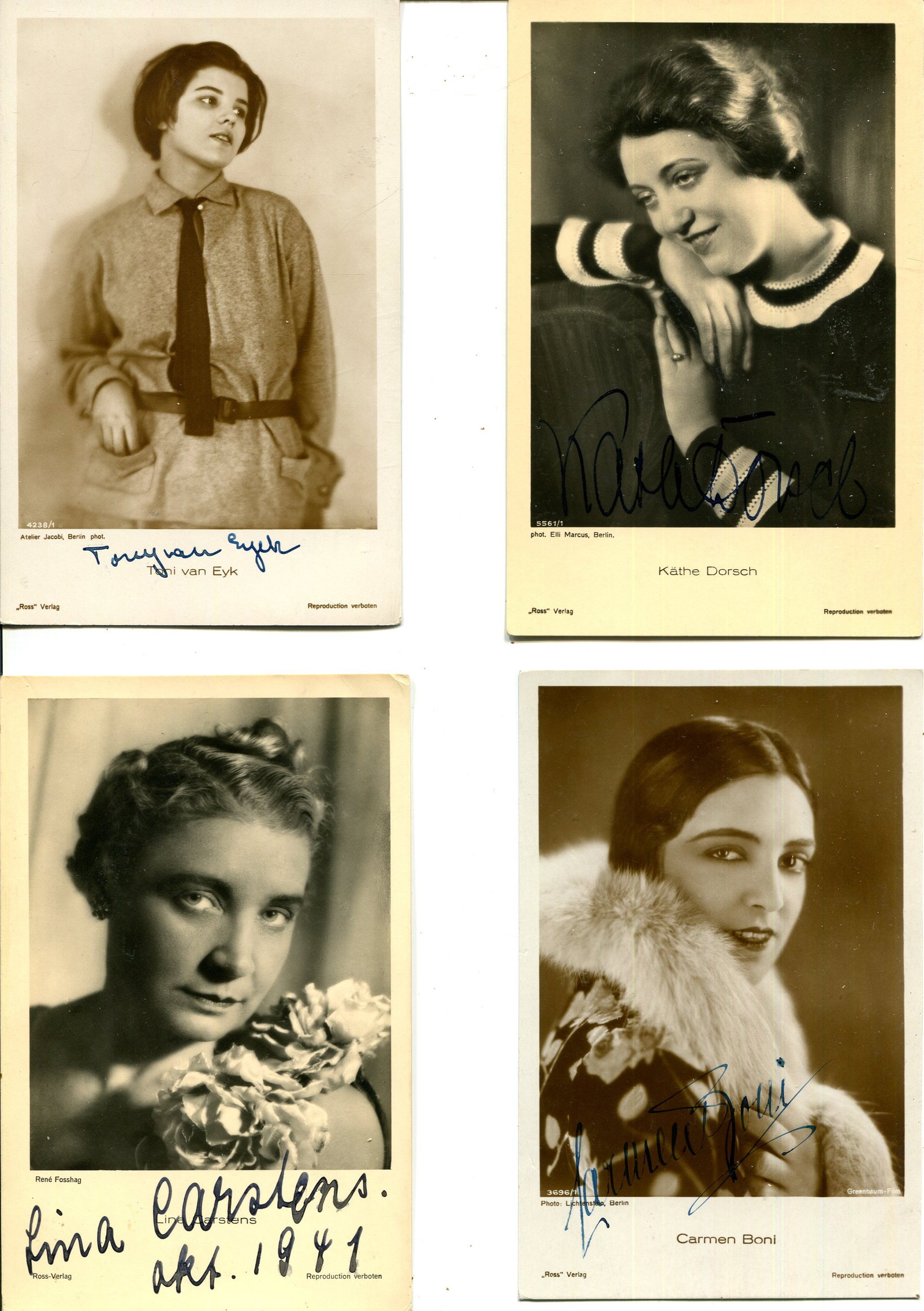 GERMAN CINEMA: (x20): GERMAN CINEMA: Selection of vintage signed sepia postcard photographs by various actresses, all of them stars of German films, comprising Toni van Eyck, Kathe Dorsch, Lina Carstens, Carmen Boni,
