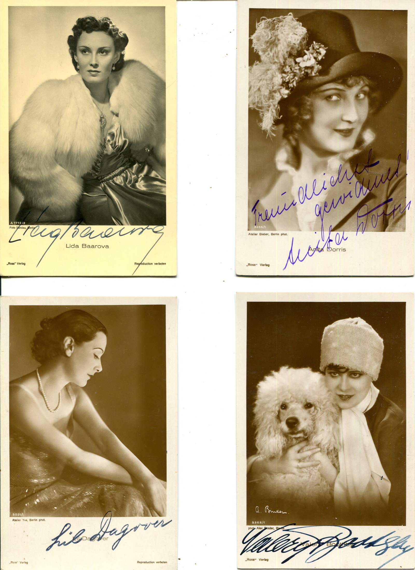 GERMAN CINEMA: (x20): GERMAN CINEMA: Selection of vintage signed sepia postcard photographs by various actresses, all of them stars of German films, comprising Lida Baarova (the mistress of Joseph Goebbels), Anita Dorris,