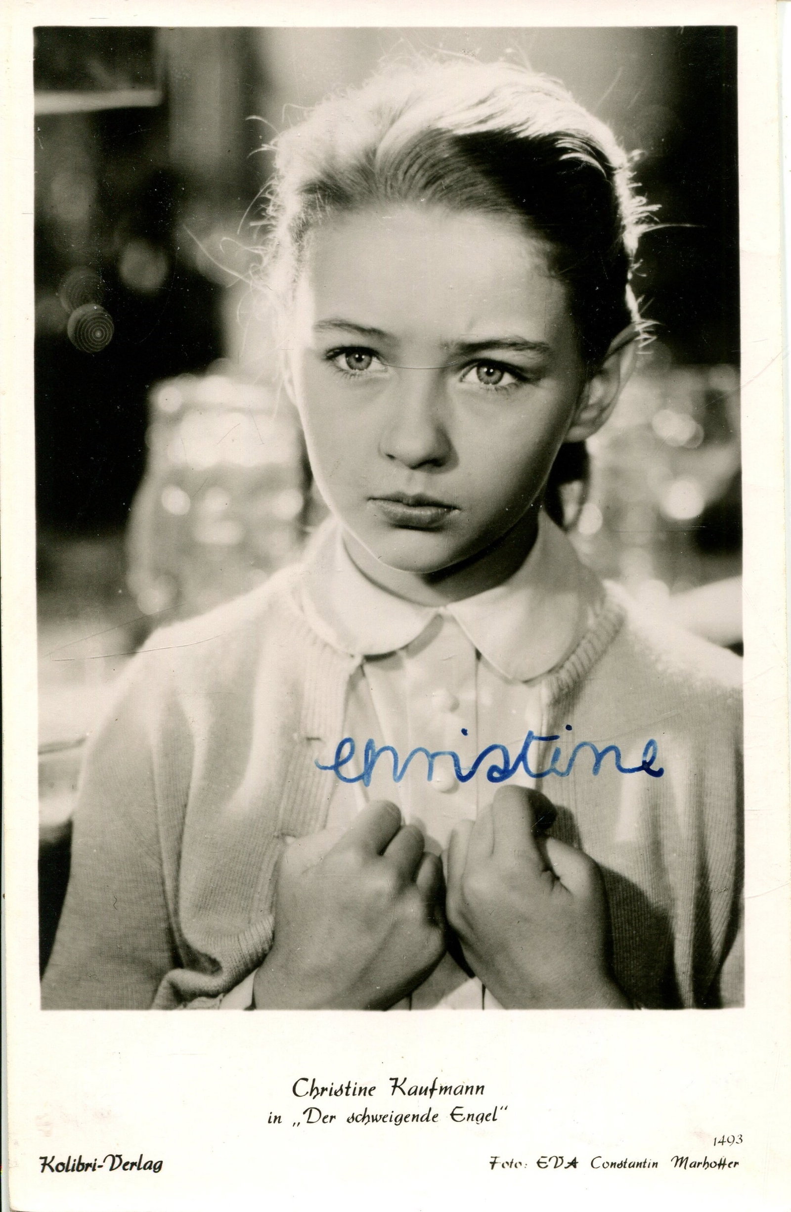 KAUFMANN CHRISTINE: (1945-2017): KAUFMANN CHRISTINE: (1945-2017) German-Austrian actress, the second wife of actor Tony Curtis from 1963-68. An early, vintage signed 3.5 x 5.5 photograph of the nine year old actress in a head and