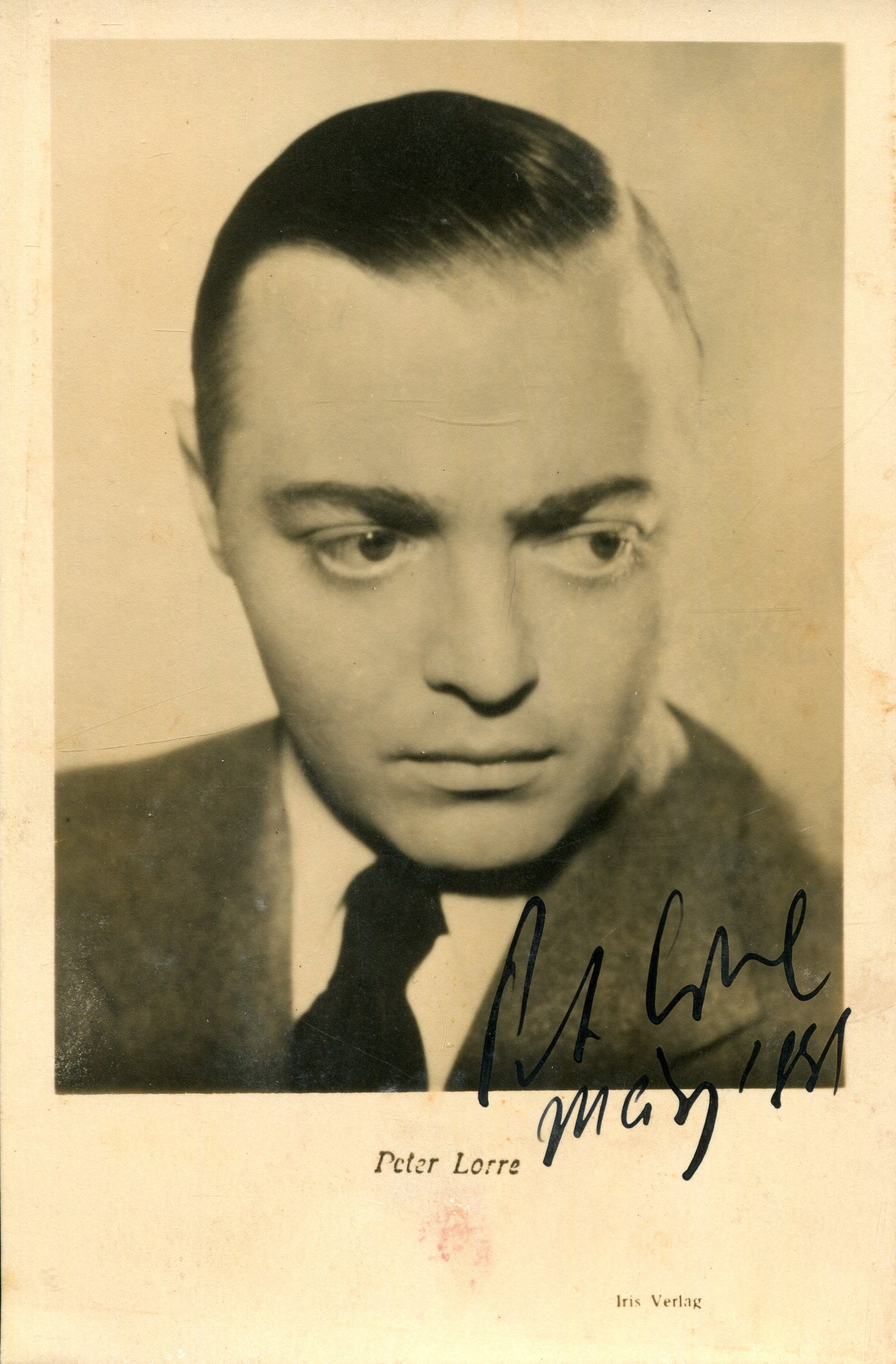 LORRE PETER: (1904-1964): LORRE PETER: (1904-1964) Hungarian-American Actor who starred in Casablanca (1942). Vintage signed sepia 3.5 x 5.5 photograph of Lorre in a head and shoulders pose. Signed in bold black fountain pen