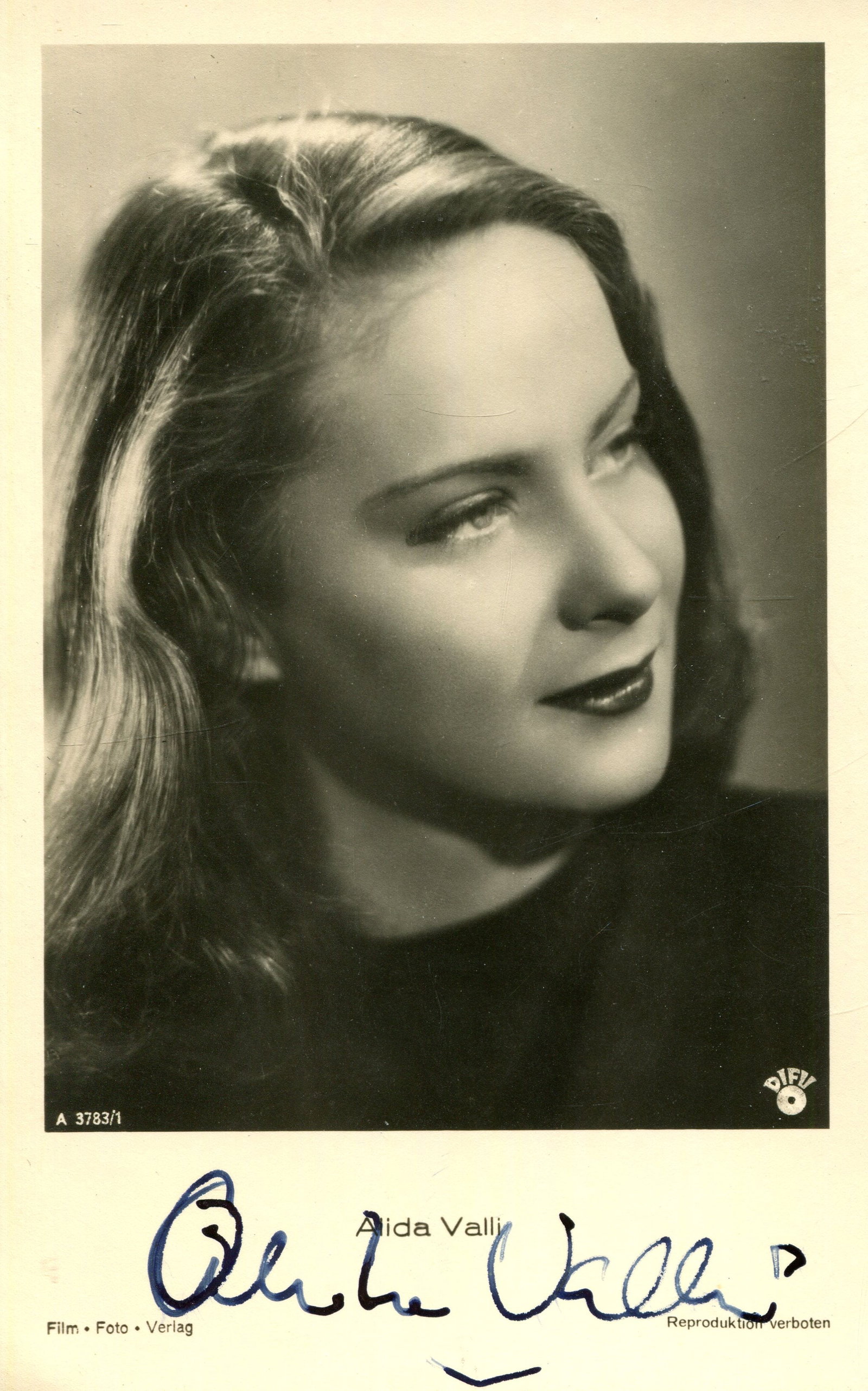 [THE THIRD MAN]: (x4): [THE THIRD MAN]: Alida Valli (1921-2006) Italian actress, remembered for her role as Anna Schmidt in the British film noir The Third Man (1949). Vintage signed postcard photograph of the actress in