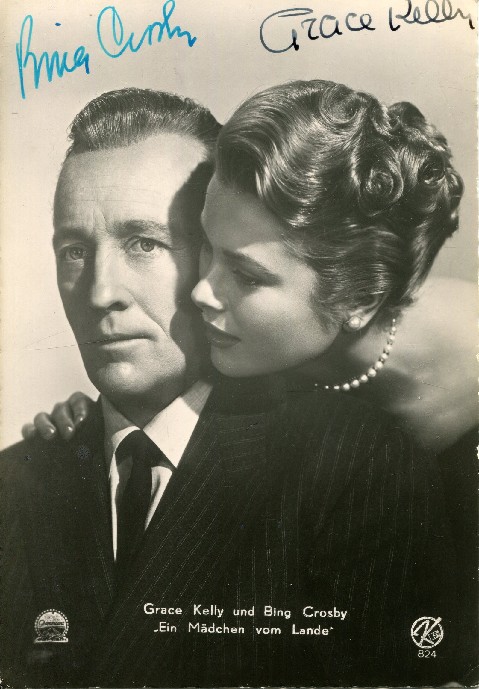 THE COUNTRY GIRL:: THE COUNTRY GIRL: An excellent vintage signed 4 x 6 postcard photograph by both Grace Kelly (Georgie Elgin) and Bing Crosby (Frank Elgin) individually, the image depicting the two actors in a close