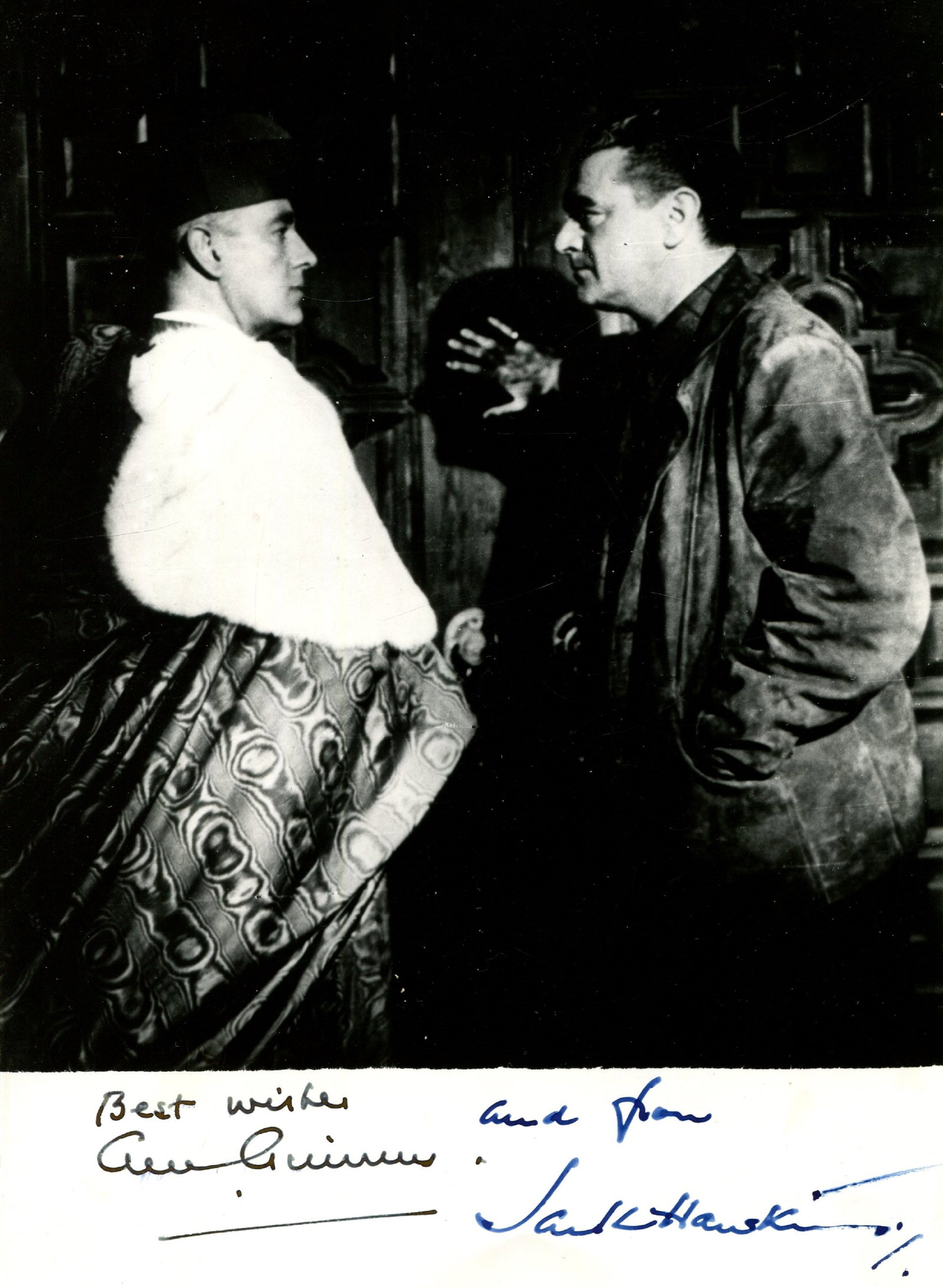 THE PRISONER:: THE PRISONER: A good vintage signed 5 x 7 photograph by both Alec Guinness (The Cardinal) and Jack Hawkins (The Interrogator) individually, the image depicting the two actors standing opposite each