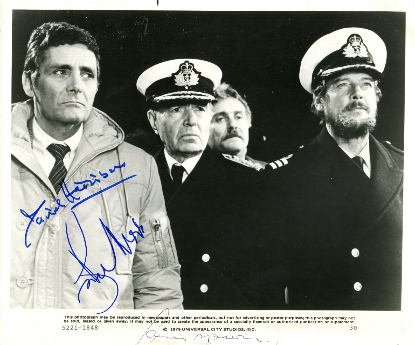 NORTH SEA HIJACK:: NORTH SEA HIJACK: Signed 10 x 8 photograph by Roger Moore (Rufus Excalibur ffolkes), James Mason (Admiral Brindsen) and David Hedison (King) individually, the image depicting the three actors