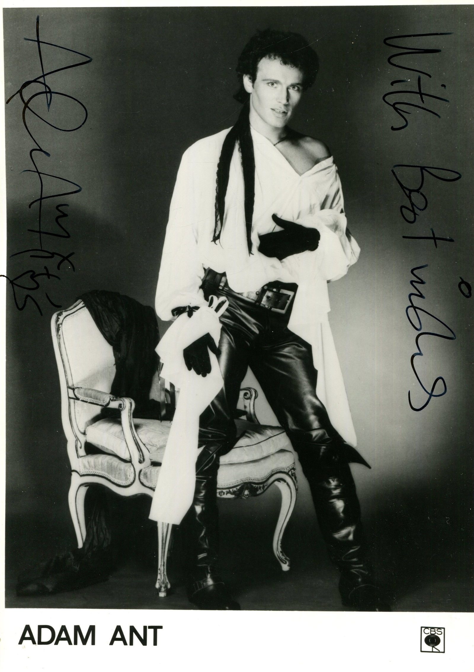 ANT ADAM: (1954- ): ANT ADAM: (1954- ) English singer and musician, the lead vocalist of the new wave group Adam and the Ants (1977-82). Signed 7 x 10 photograph, the CBS Records promotional image depicting Ant standing