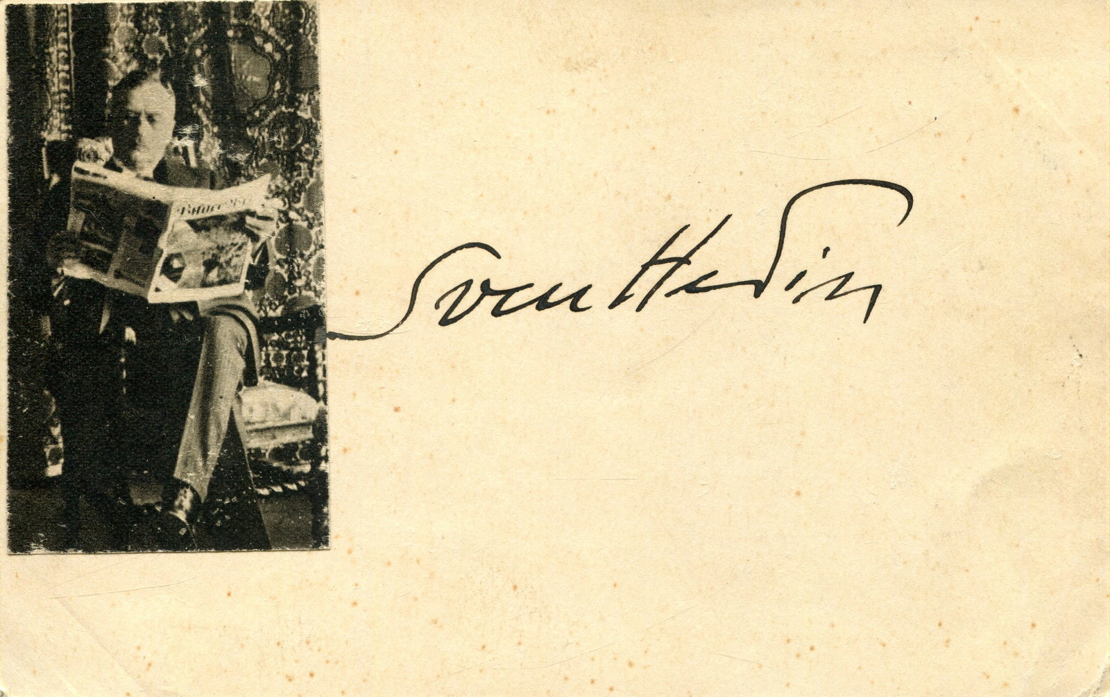 HEDIN SVEN: (1865-1952): HEDIN SVEN: (1865-1952) Swedish geographer, topographer & explorer. Vintage black ink signature (´Sven Hedin´) to an oblong 12mo card, with a small magazine image of Hedin seated in a