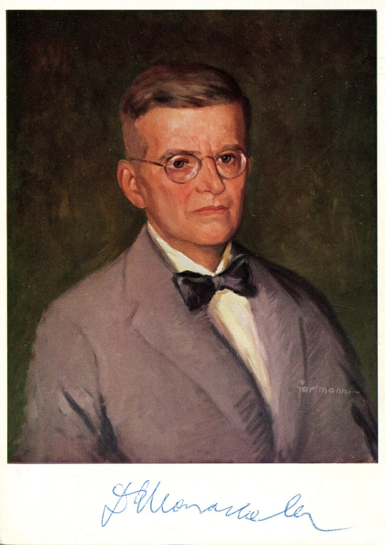 SHOSTAKOVICH DMITRI: (1906-1975): SHOSTAKOVICH DMITRI: (1906-1975) Russian Composer. Rare signed colour 4 x 6 postcard photograph by Shostakovich, the image showing a painting of the Russian composer in a head and shoulders pose.