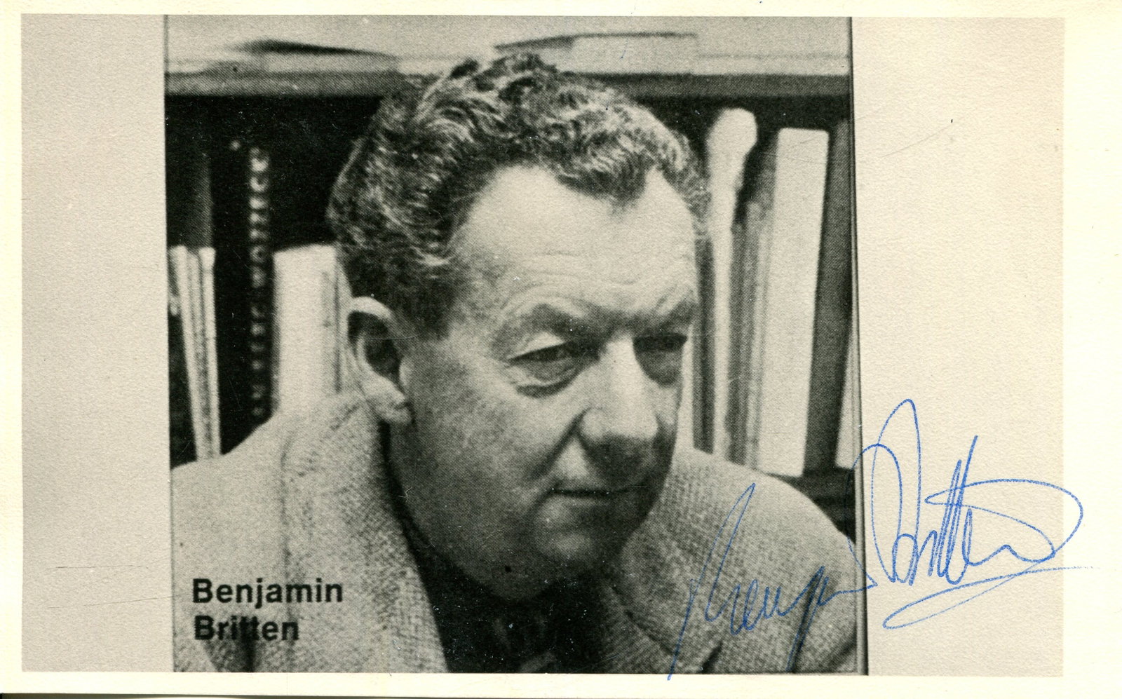 BRITTEN BENJAMIN: (1913-1976): BRITTEN BENJAMIN: (1913-1976) English Composer. Signed 5.5 x 3.5 photograph by Britten, the image showing the Composer ina head and shoulders pose. Signed `Benjamin Britten´, in blue ink to the