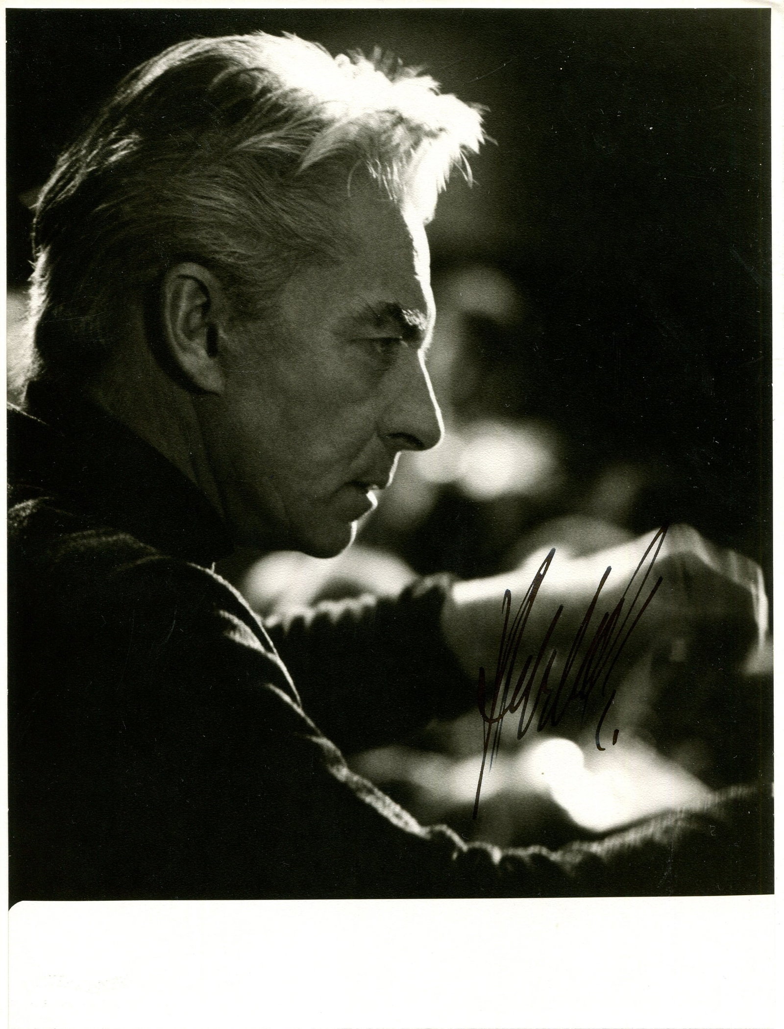 KARAJAN HERBERT VON: (1908-1989): KARAJAN HERBERT VON: (1908-1989) Austrian Conductor. An excellent signed 7 x 9.5 card photograph by Karajan, the attractive Siegfried Lauterwasser image depicting him in a head and shoulders pose,