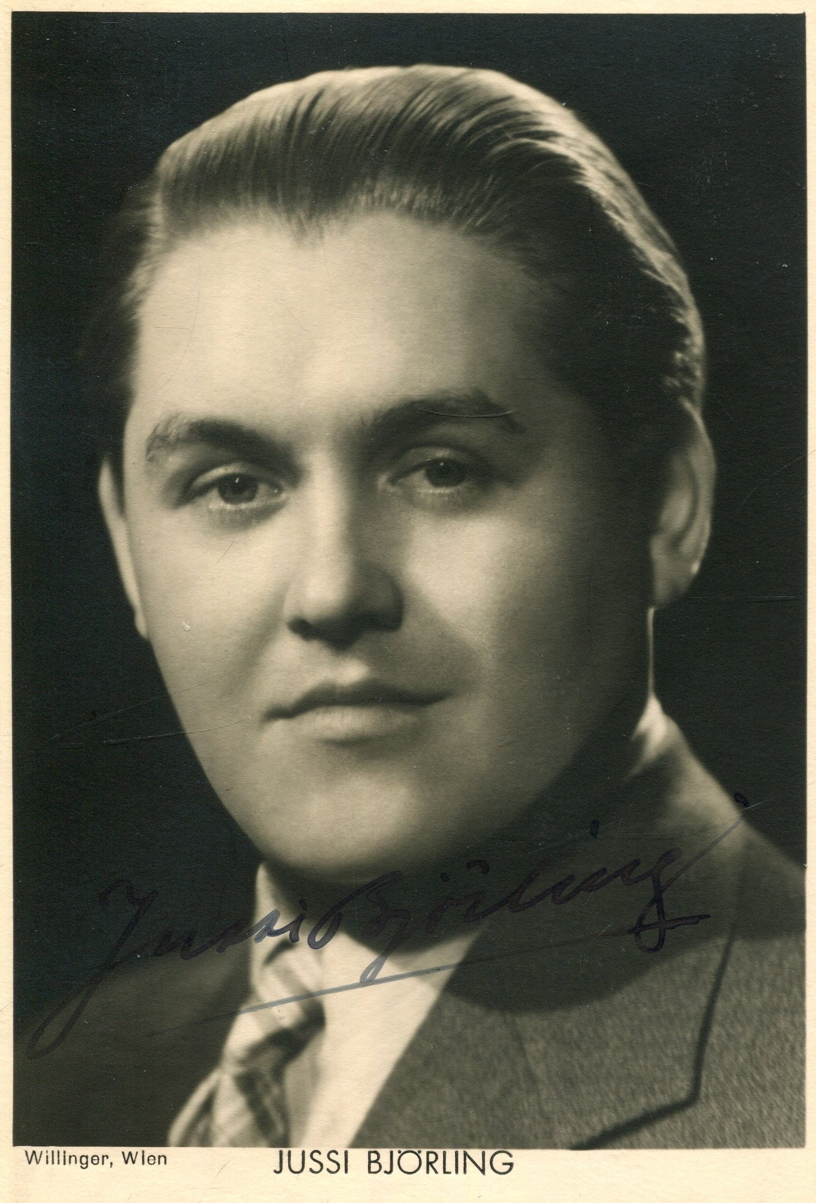 BJORLING JUSSI: (1911-1960): BJORLING JUSSI: (1911-1960) Swedish Tenor. A scarce vintage signed 3.5 x 5 photograph of Bjorling, the Willinger image from Vienna showing the iconic tenor in a close-up head and shoulders pose.