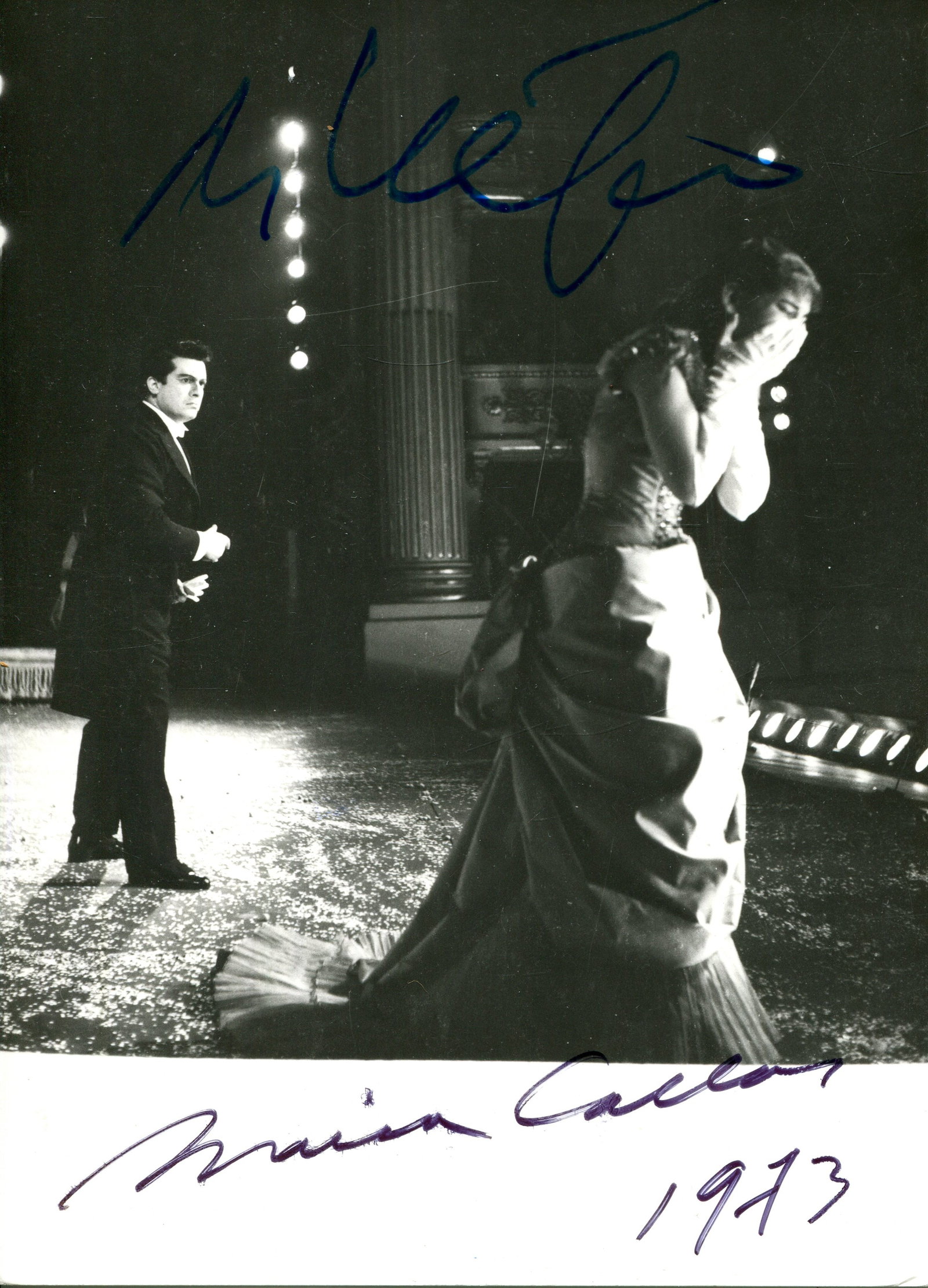 CALLAS MARIA: (1923-1977): CALLAS MARIA: (1923-1977) American-born Greek Soprano. One of the greatest opera singers of all time. An excellent and unusual vintage signed 4 x 6 photograph by Callas. Also signed by Giuseppe di