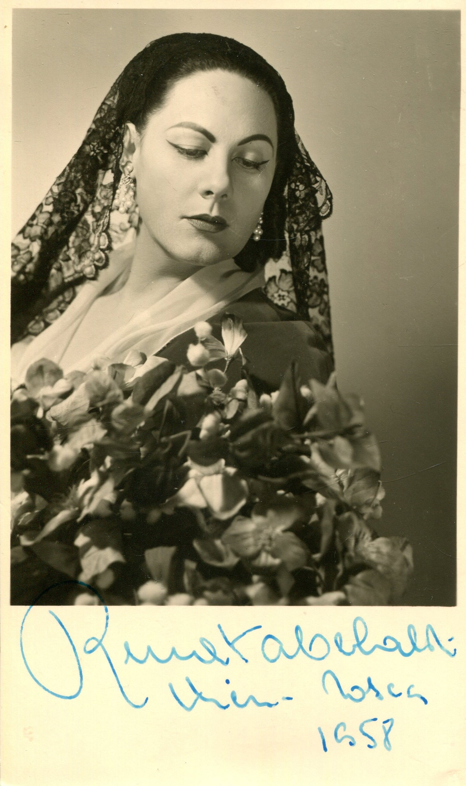 LEADING SOPRANOS OF THE 20TH CENTURY:: LEADING SOPRANOS OF THE 20TH CENTURY: A fine selection of three signed 3.5 x 5.5 photographs, one slightly larger, by various leading sopranos of the 20th century, comprising Renata Tebaldi