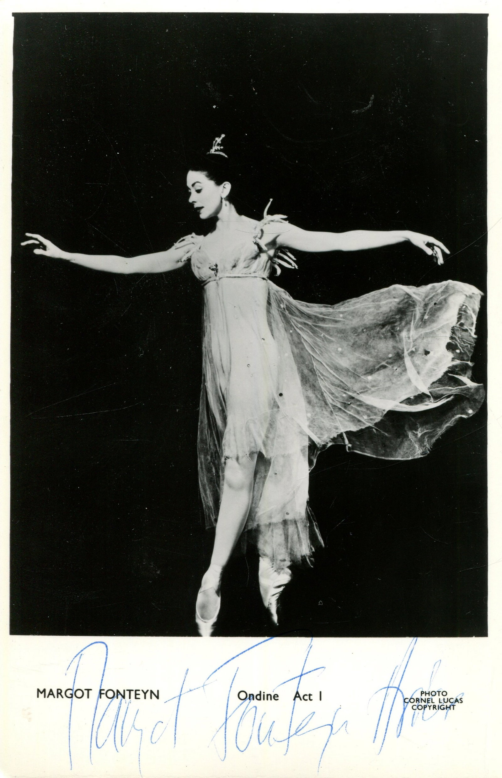 FONTEYN MARGOT: (1919-1991): FONTEYN MARGOT: (1919-1991) English Ballet Dancer. A very fine signed 3.5 x 5.5 photograph by Fonteyn, the Cornel Lucas image depicting the dancer in costume, in a full length ballet dancing pose,