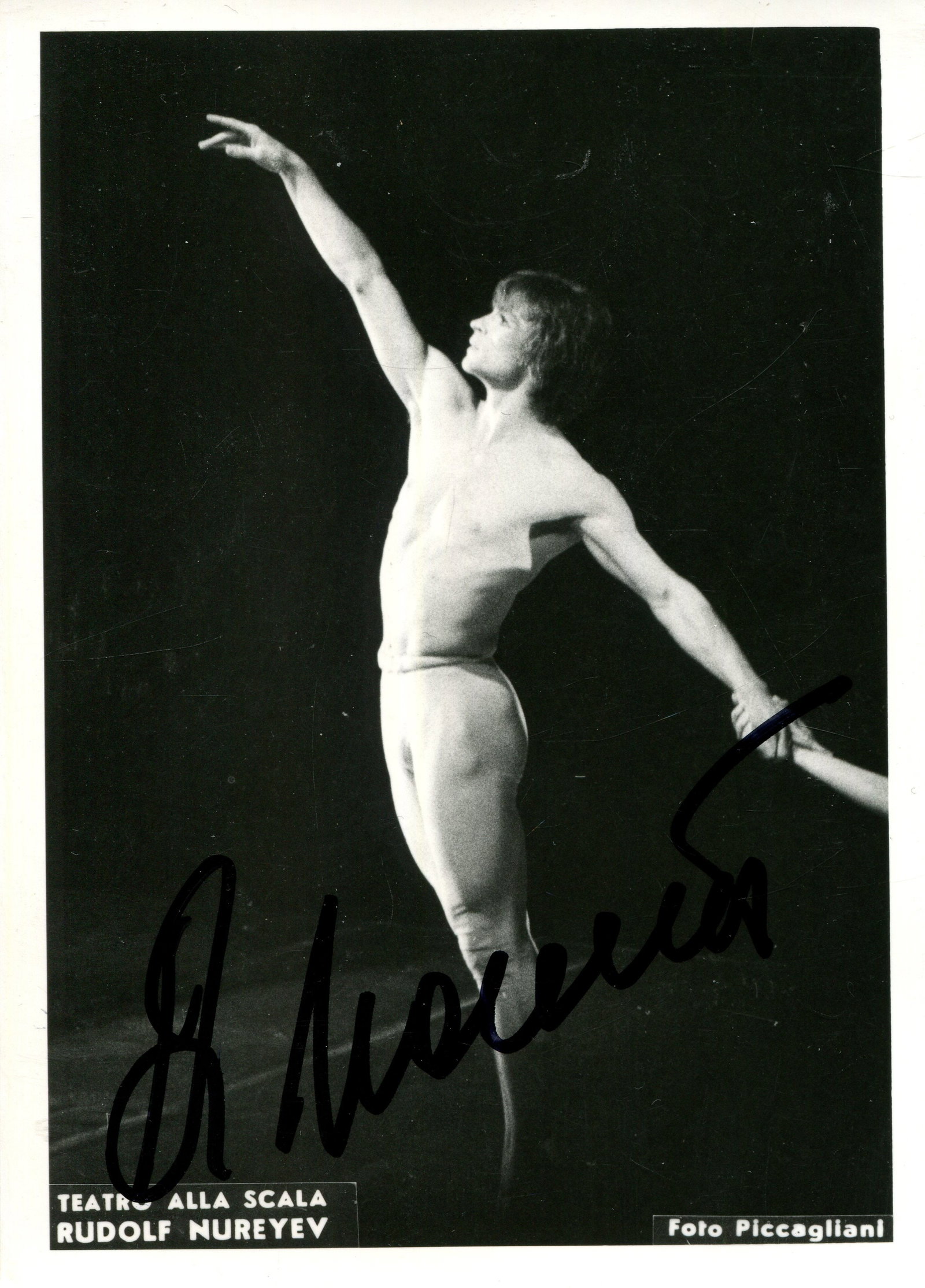 NUREYEV RUDOLF: (1938-1993): NUREYEV RUDOLF: (1938-1993) Russian ballet dancer and choreographer. A good signed 4 x 6 photograph of Nureyev, the Erio Piccagliani image, from Teatro alla Scala of Milan, showing the Russian artist 