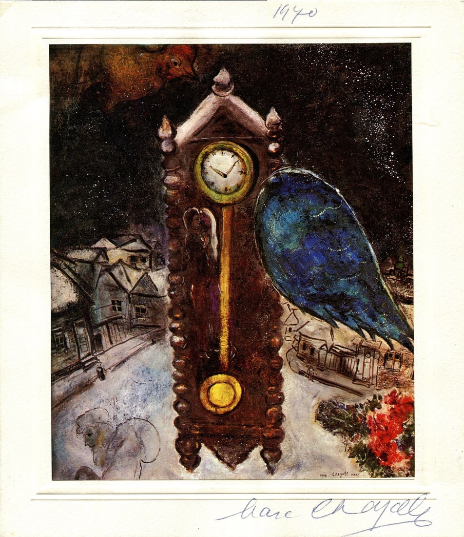 CHAGALL MARC: (1887-1985): CHAGALL MARC: (1887-1985) French artist. A fine signed colour 8 x 9 reproduction of his oil on canvas work La Pendule à l´Aile Bleue (1949), the bifolium presentation was edited by Maeght in