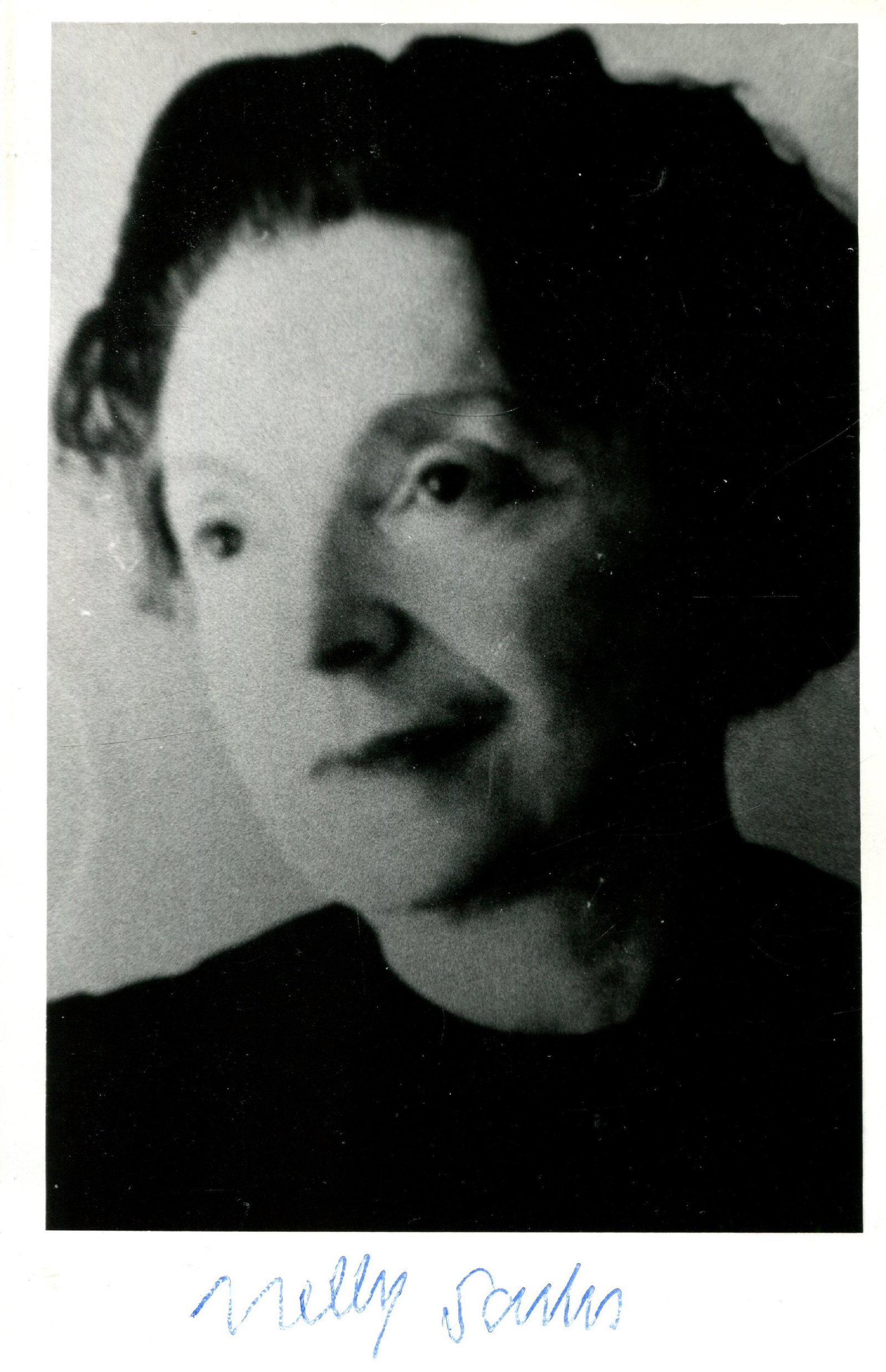 SACHS NELLY: (1891-1970): SACHS NELLY: (1891-1970) German-born Swedish poet and playwright, Nobel Prize winner for Literature, 1966. Signed 3.5 x 5.5 postcard photograph, the slightly out of focus image depicting the writer