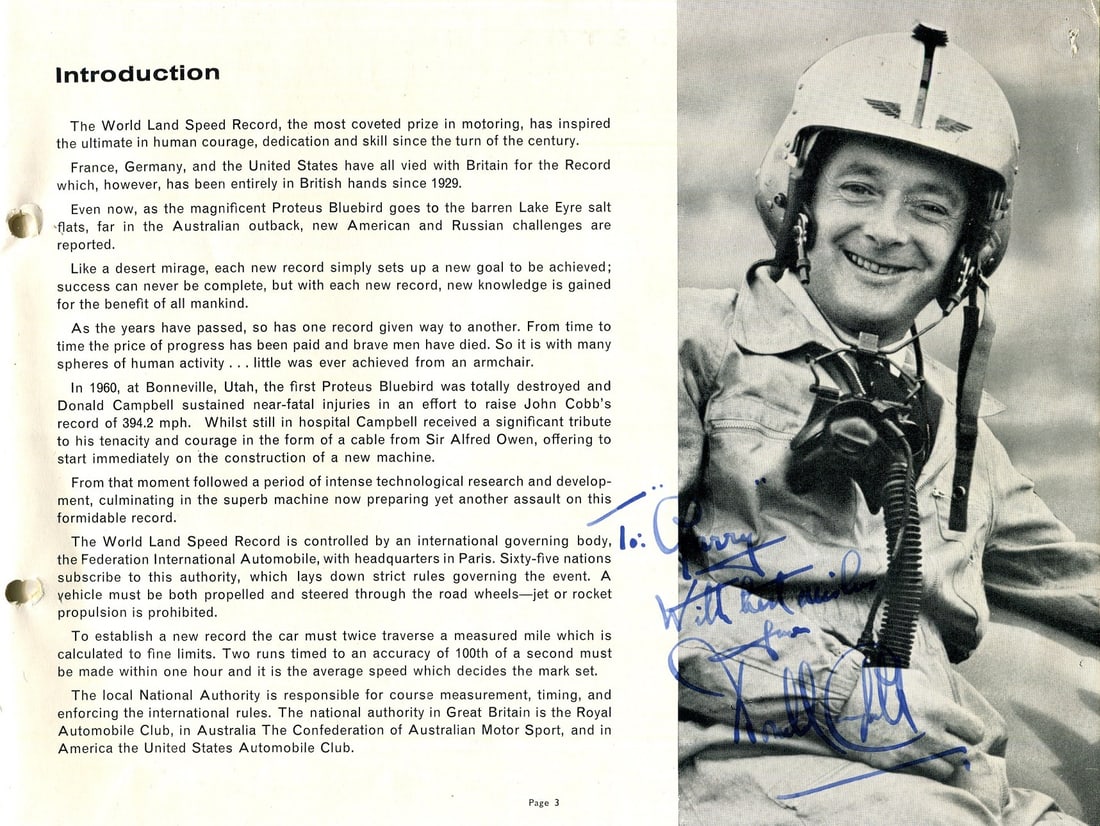 CAMPBELL DONALD:: CAMPBELL DONALD: (1921-1967) British car & motorboat racer, World Land and Water Speed Record Holder in the 1950s and 1960s. An oblong 8vo printed brochure issued for the Proteus Bluebird Project