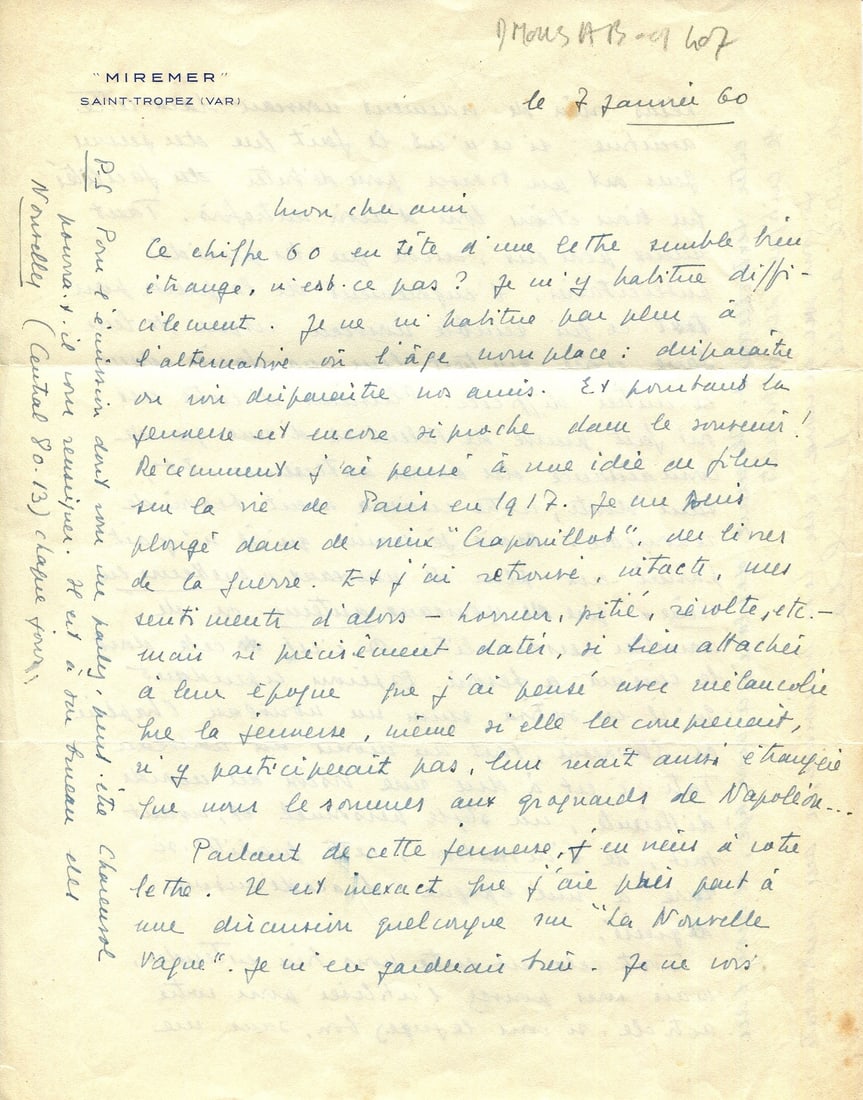 CLAIR RENÉ: (1898-1981) ´ Let us hope....that if not a new Chaplin or Stroheim, then at: CLAIR RENÉ: (1898-1981) French film director. An excellent A.L.S., René Clair, two pages, 4to, Saint Tropez, 7th January 1960, to [Léon Moussinac] (´Mon cher ami´), in French.