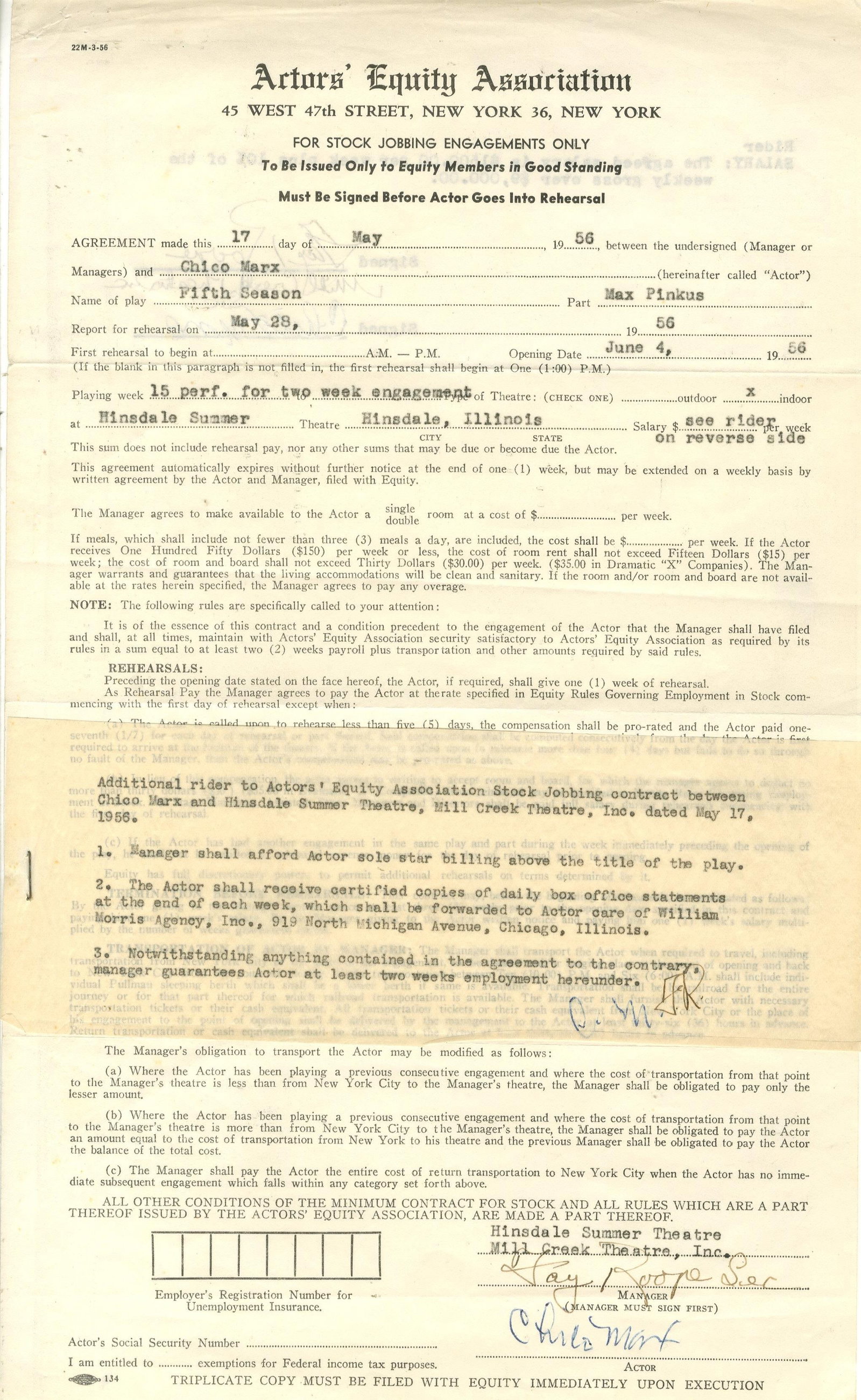 MARX CHICO: (1887-1961): MARX CHICO: (1887-1961) American Film Comedian, one of the Marx Brothers. D.S., Chico Marx, twice, two pages, folio, n.p. (New York?), 17th May 1956. The partially printed document is an
