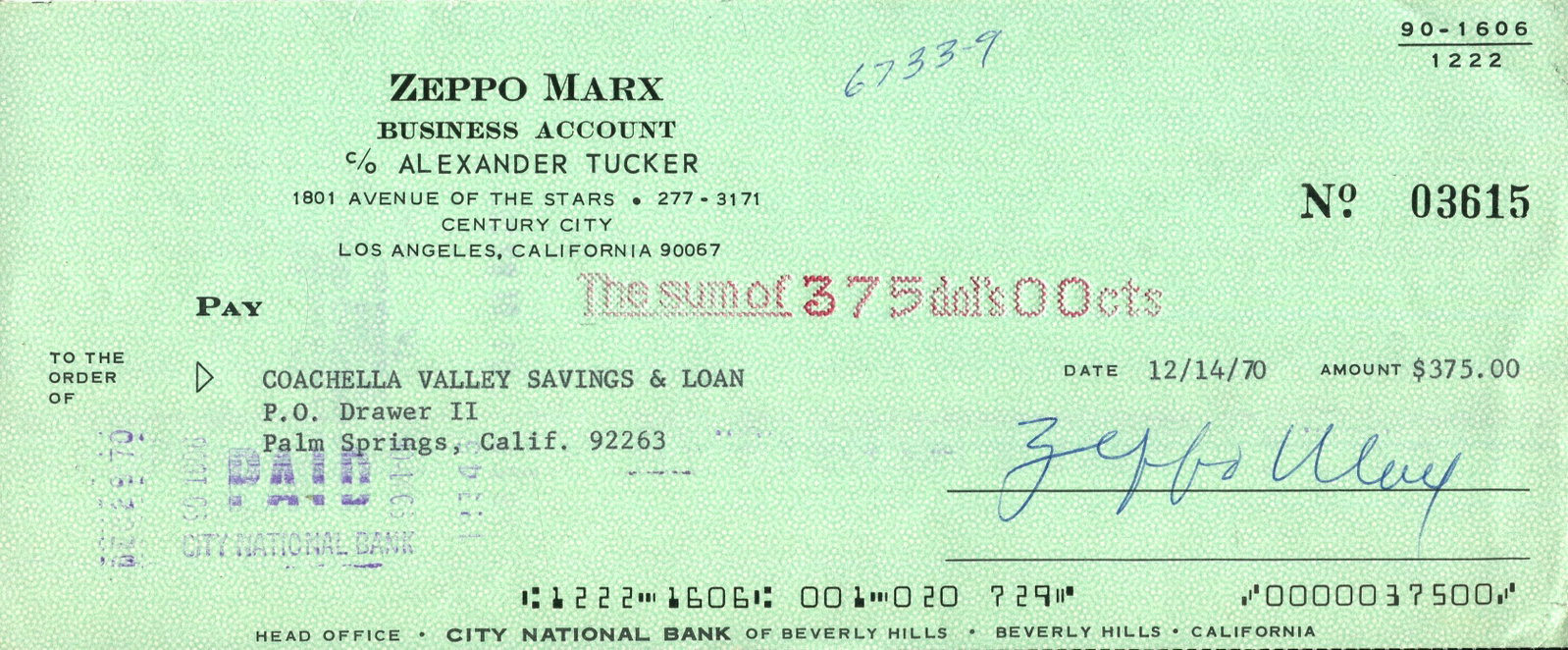 MARX ZEPPO: (1901-1979): MARX ZEPPO: (1901-1979) American comedy actor, one of the Marx Brothers. D.S., Zeppo Marx, being a signed cheque, Los Angeles, California, 14th December 1970. The partially printed cheque, completed