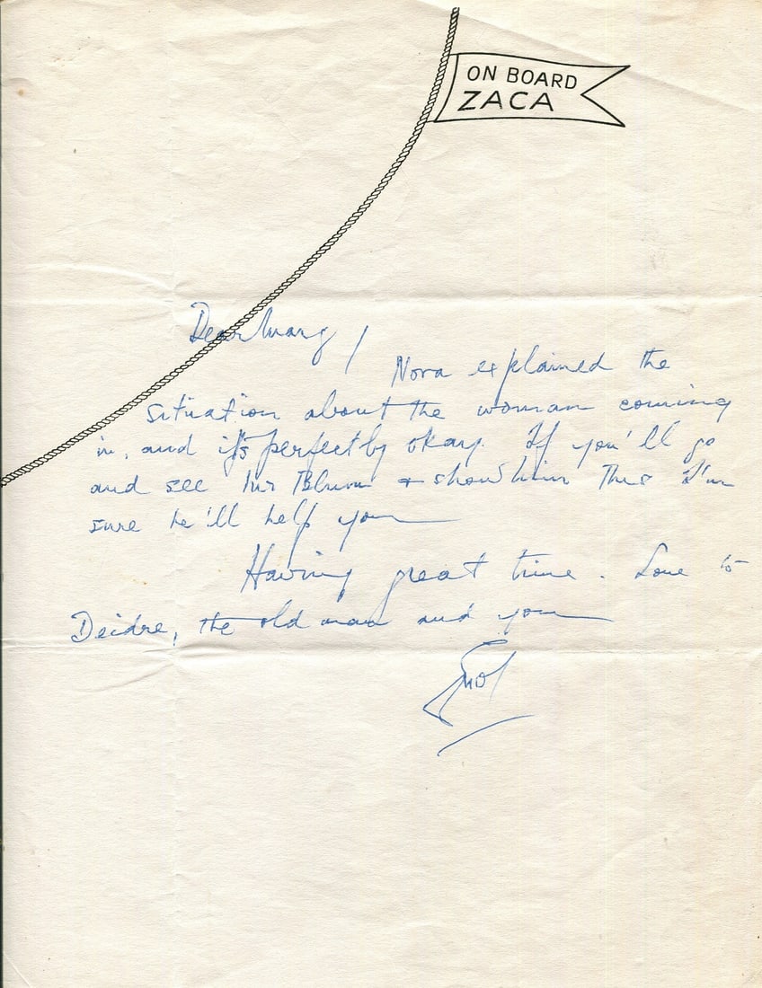 FLYNN ERROL: (1909-1959): FLYNN ERROL: (1909-1959) Australian actor. A.L.S., Errol, one page, 4to, n.p. (presumably at sea; the attractive printed stationery indicating that he was on board his yacht Zaca), n.d. (c.1946-49),