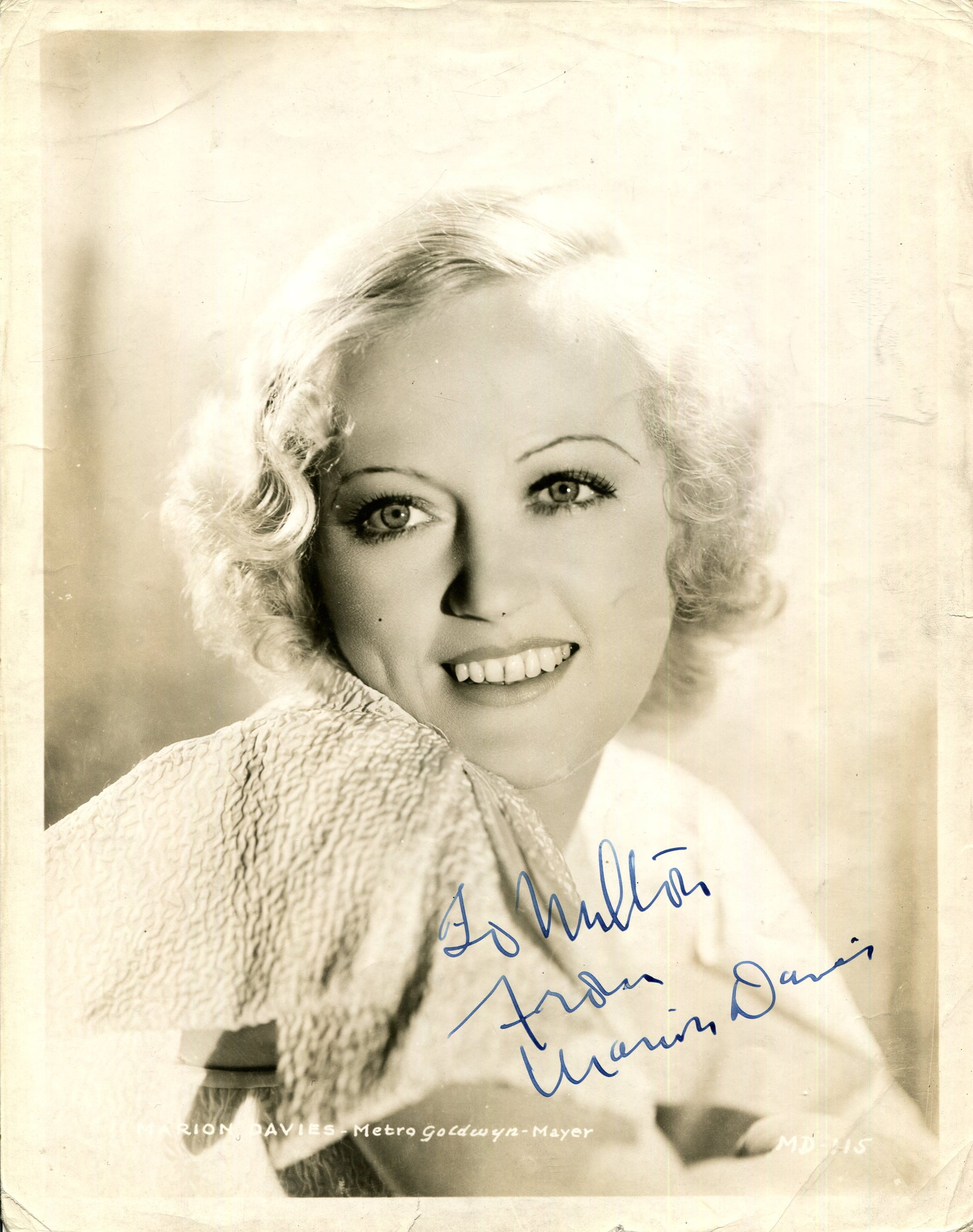 DAVIES MARION: (1897-1961): DAVIES MARION: (1897-1961) American actress, the mistress of William Randolph Hearst. Vintage signed and inscribed 8 x 10 photograph, the Metro-Goldwyn-Mayer publicity portrait depicting Davies in a
