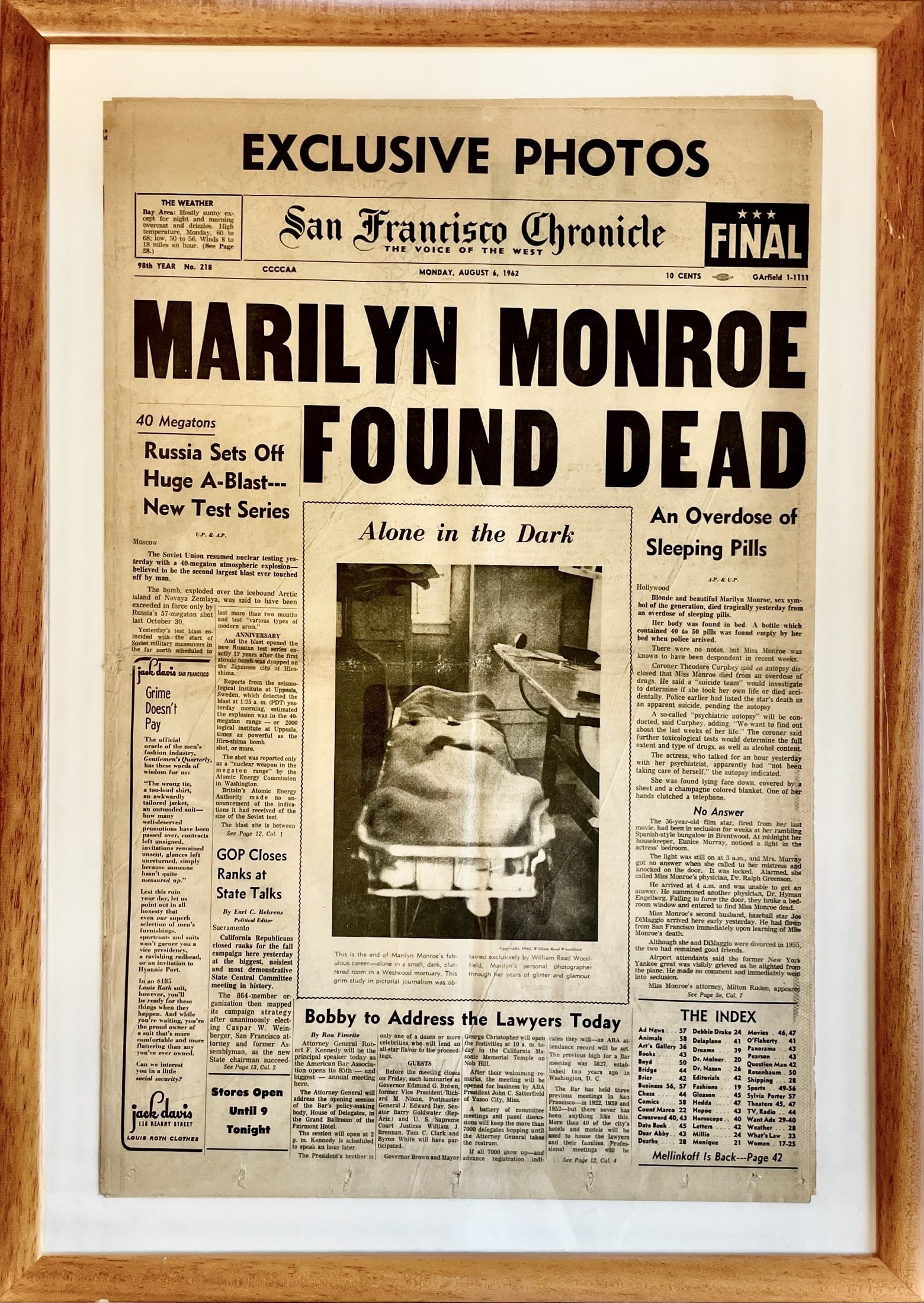 [MONROE MARILYN]: (1926-1962): [MONROE MARILYN]: (1926-1962) American actress & sex symbol. An original printed folio copy of the San Francisco Chronicle newspaper of Monday, 6th August 1962, with the headline Marilyn Monroe Found